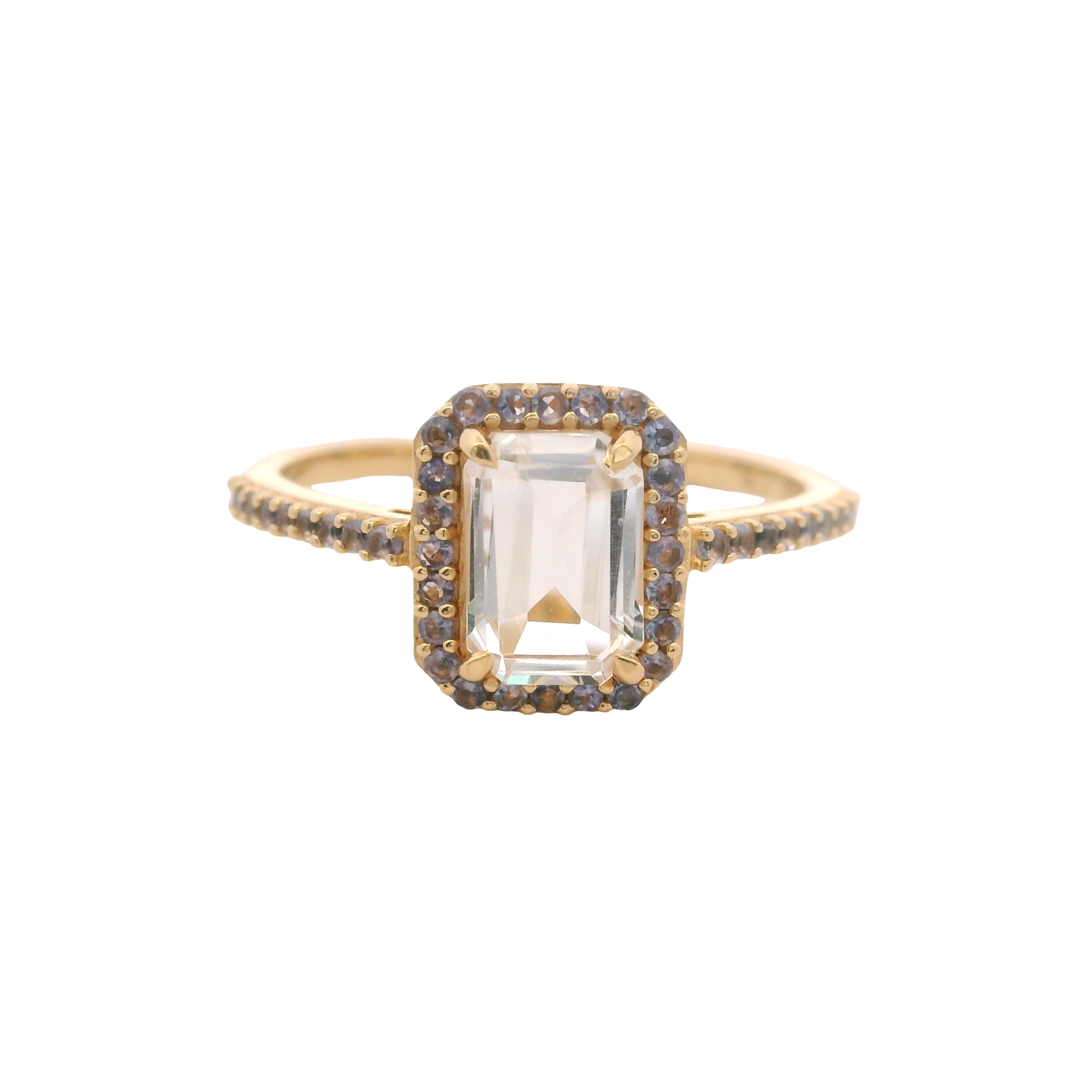 925YG BAQUETTE TOPAZ WHITE AROUND IOLITE RING T6.5