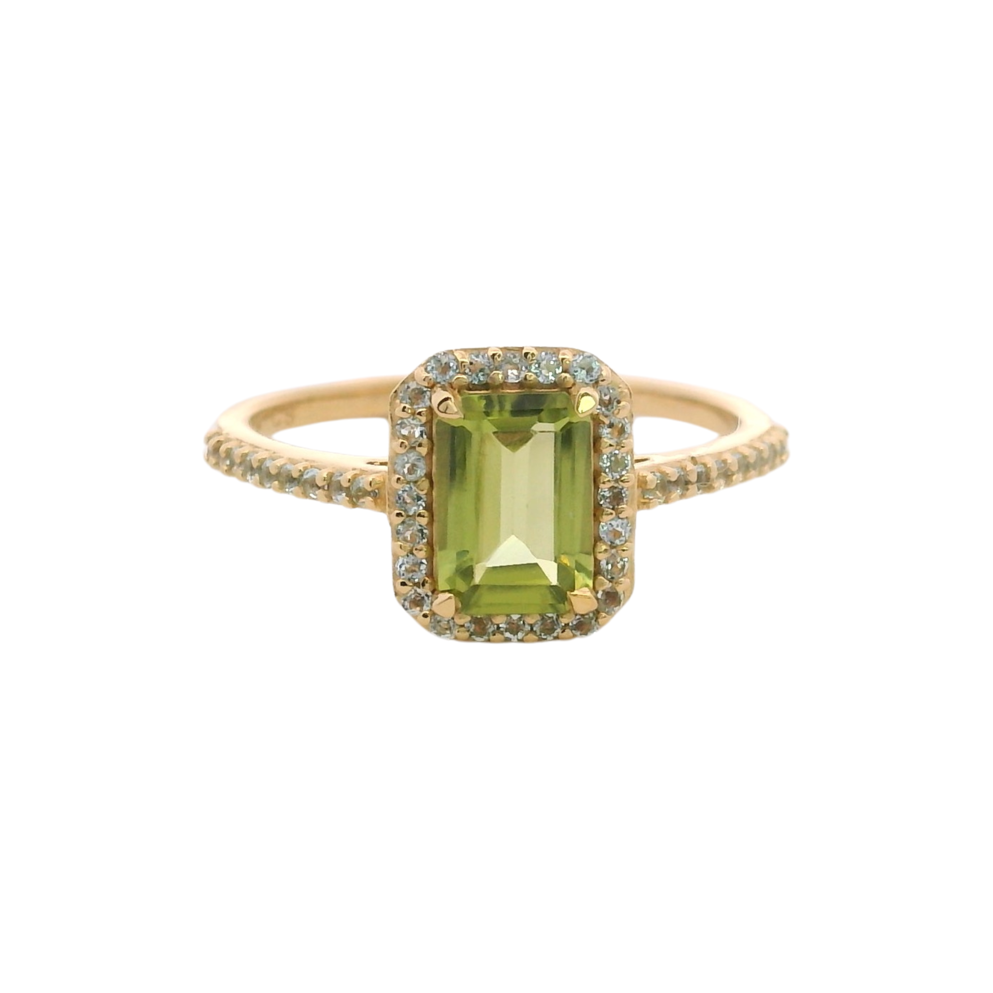 925YG BAQUETTE PERIDOT AROUND TOPAZ BLUE SWISS RING T6.5