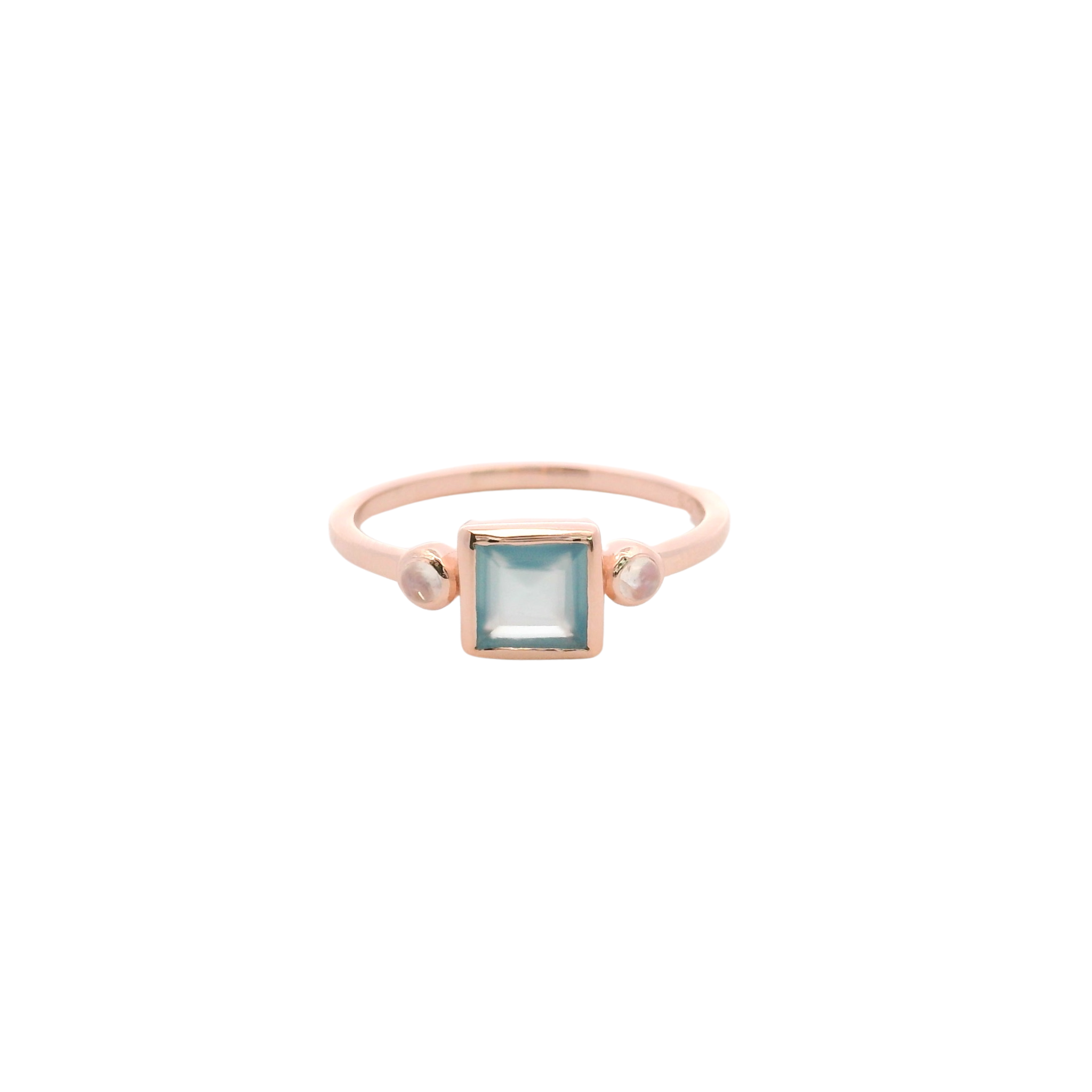 925RG SQUARE BEZEL CHALCEDONY BLUE WITH TWO STONE MOOSTONE RING T6.5