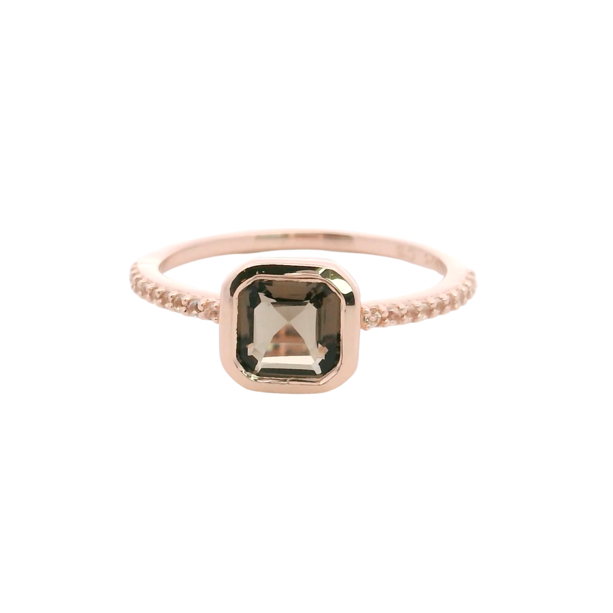 925RG CUSHION BEZEL SMOKY QUARTZ AROUND TOPAZ WHITE RING T6.5