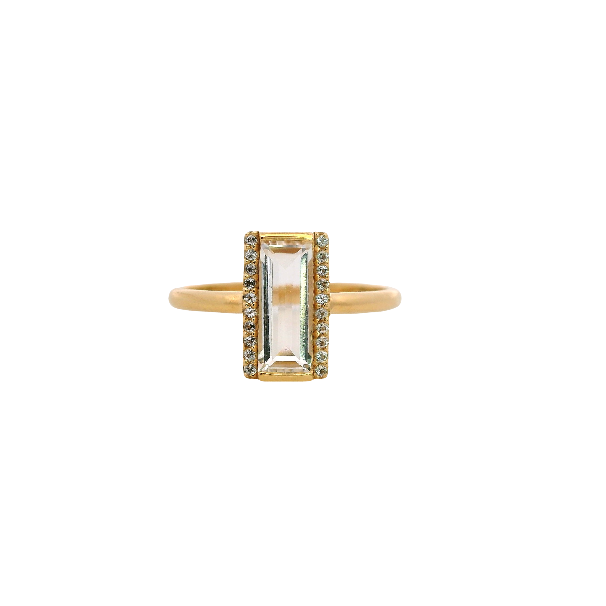 925YG SOLITARY BAGUETTE ROCK CRYSTAL WITH TOPAZ WHITE 11MM RING T6.5