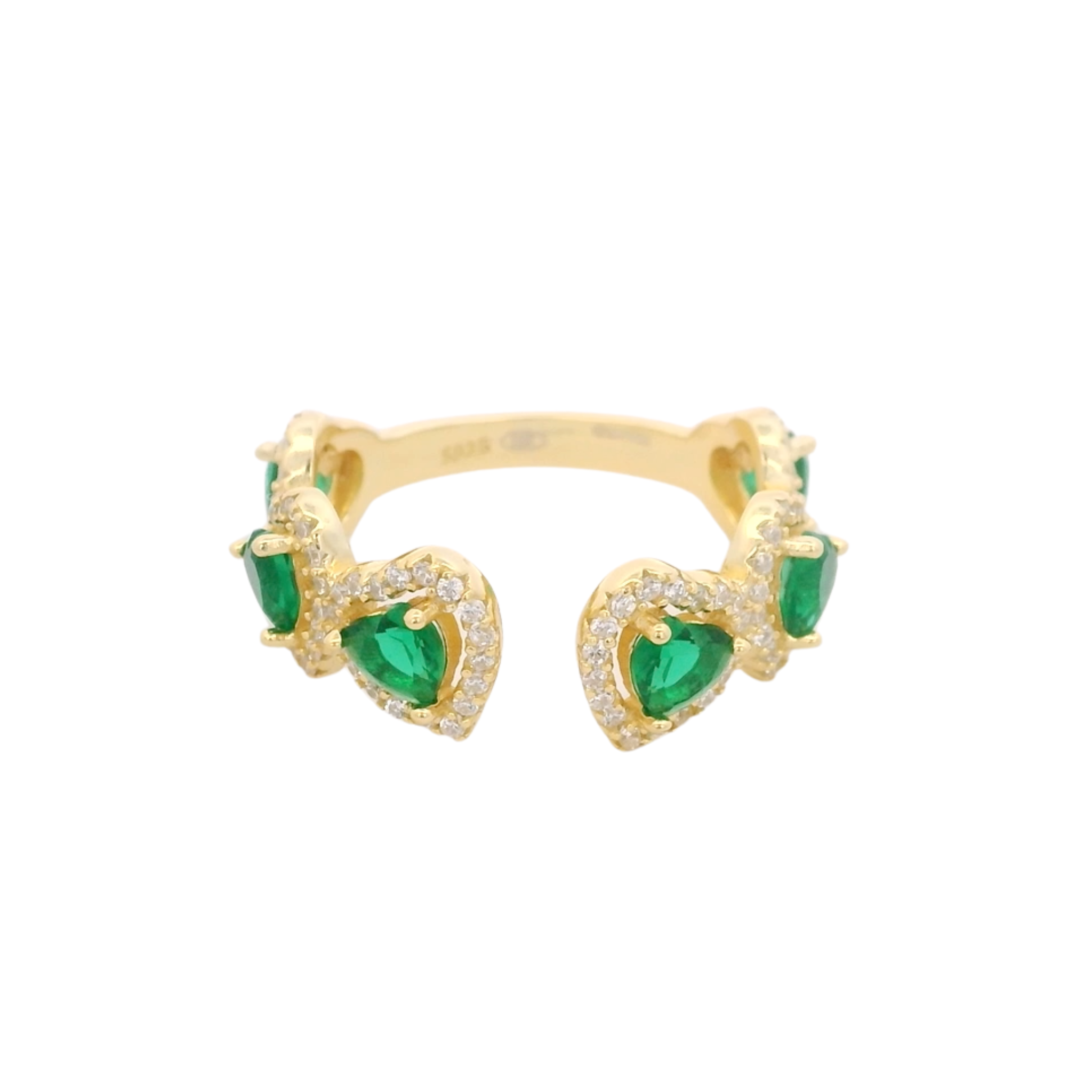 925YG OUTLINE HEART STUD CZ GREEN OPEN RING T7
