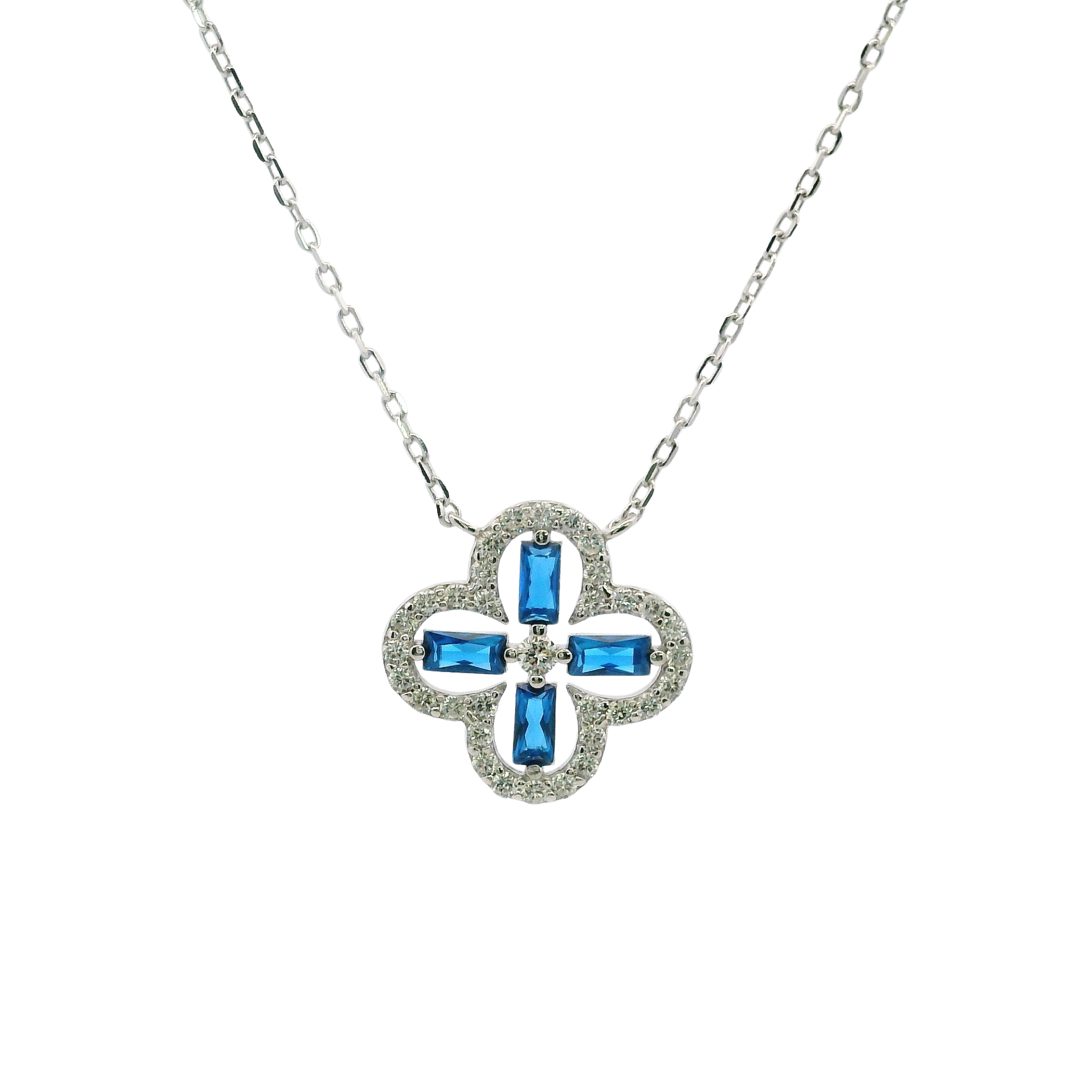925SL OUTLINE CLOVER CZ BLUE NECKLACE