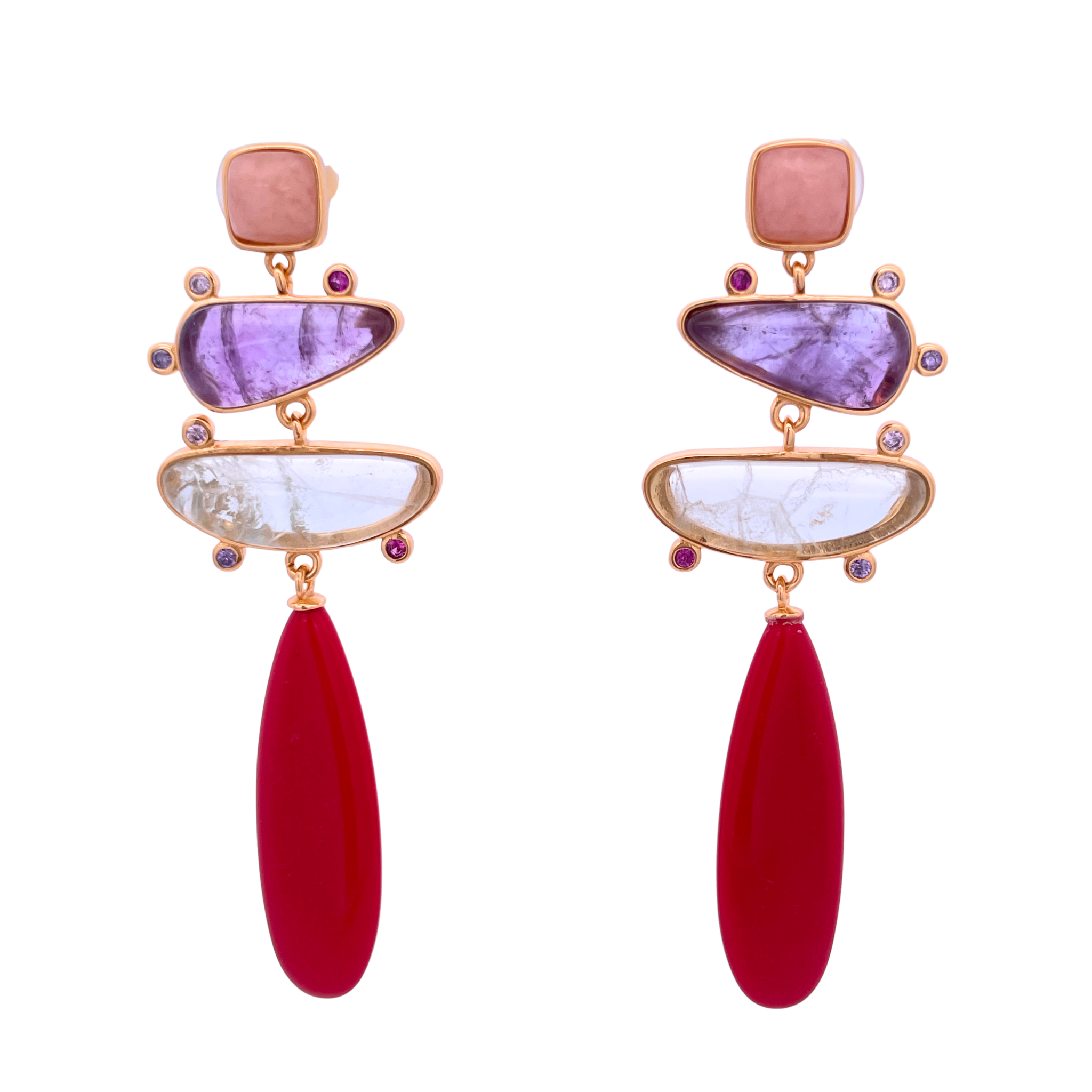 925YG DROP FOUR SHAPE EARRINGS AMETHYST QUARTZ RED