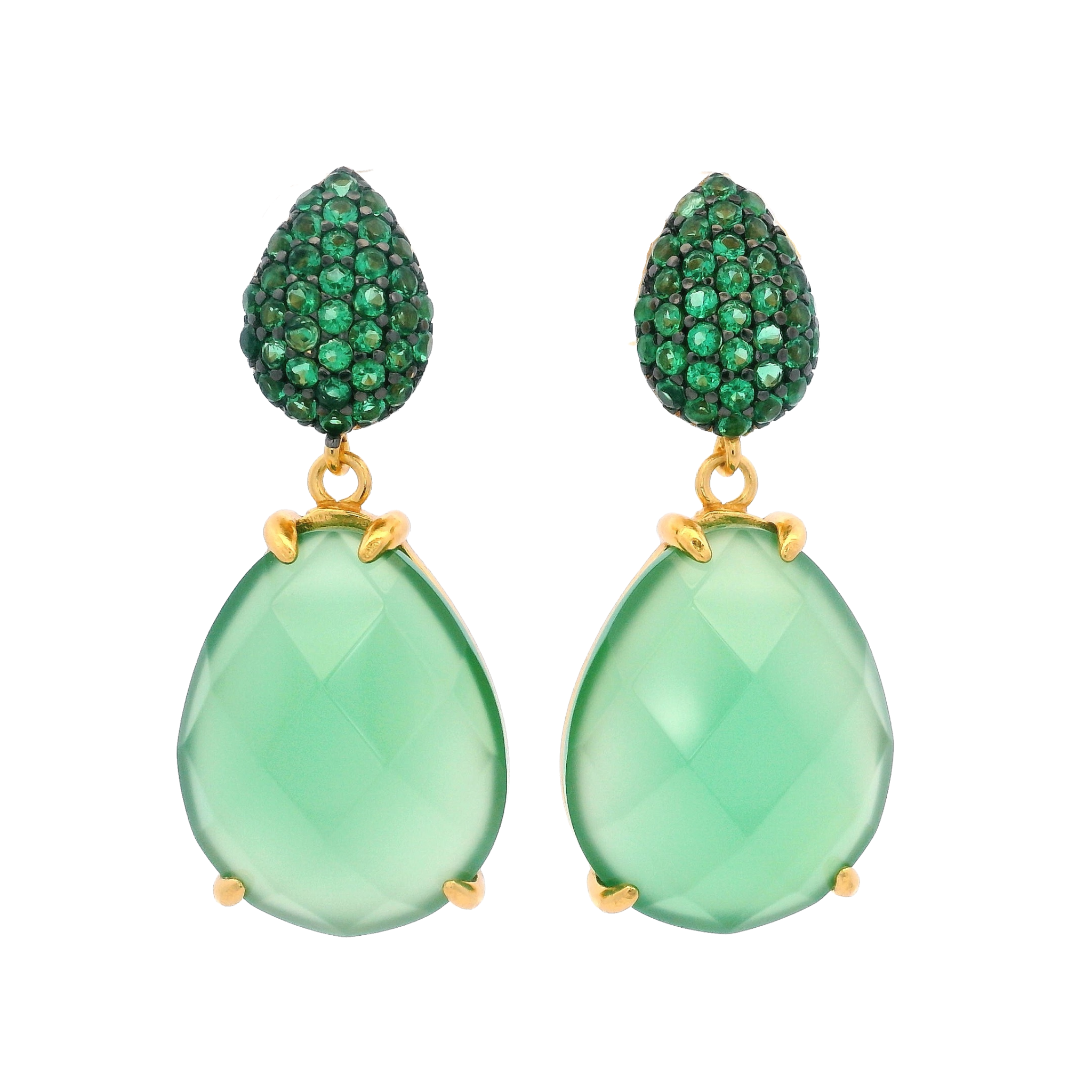 925YG DROP DOUBLE CUT PEAR EARRINGS QUARTZ & CZ GREEN