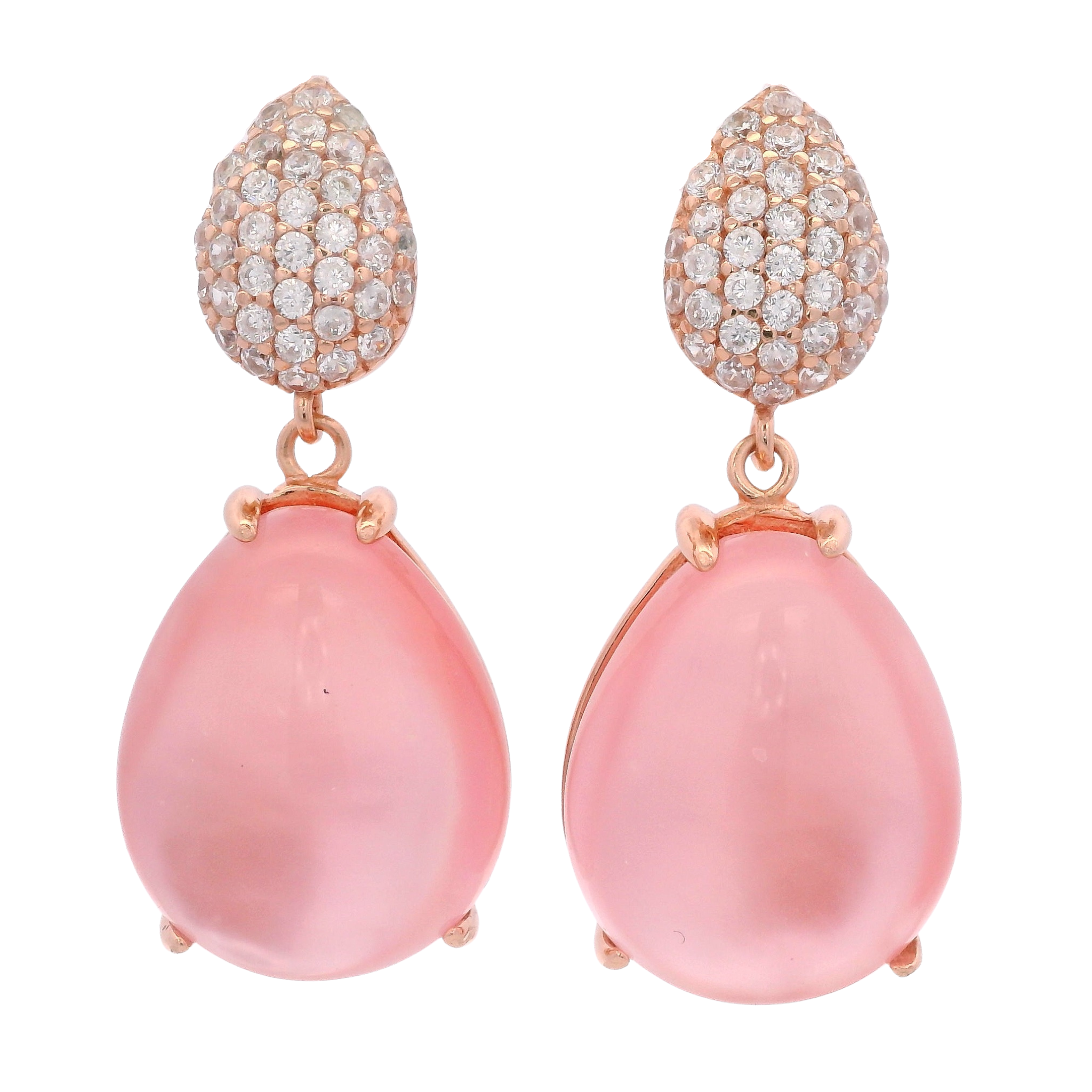 925RG DROP DOUBLE CUT PEAR EARRINGS ROSE QUARTZ & CZ