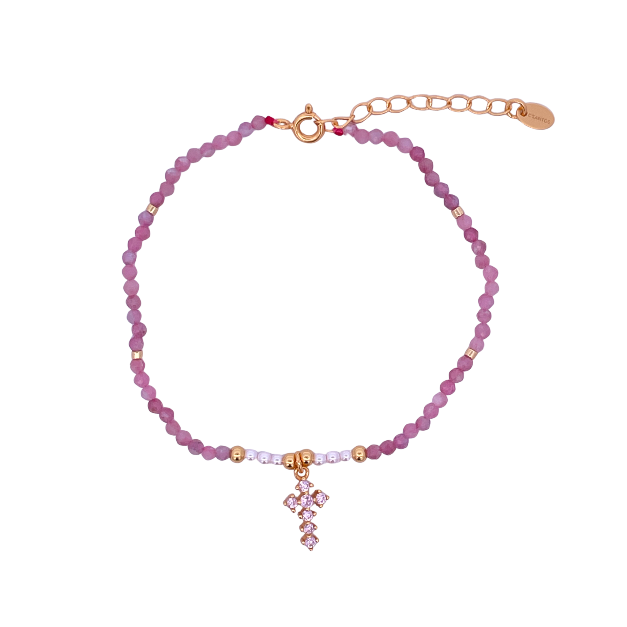 925YG BEANDS WITH CROSS BRACELET PINK TOURMALINE