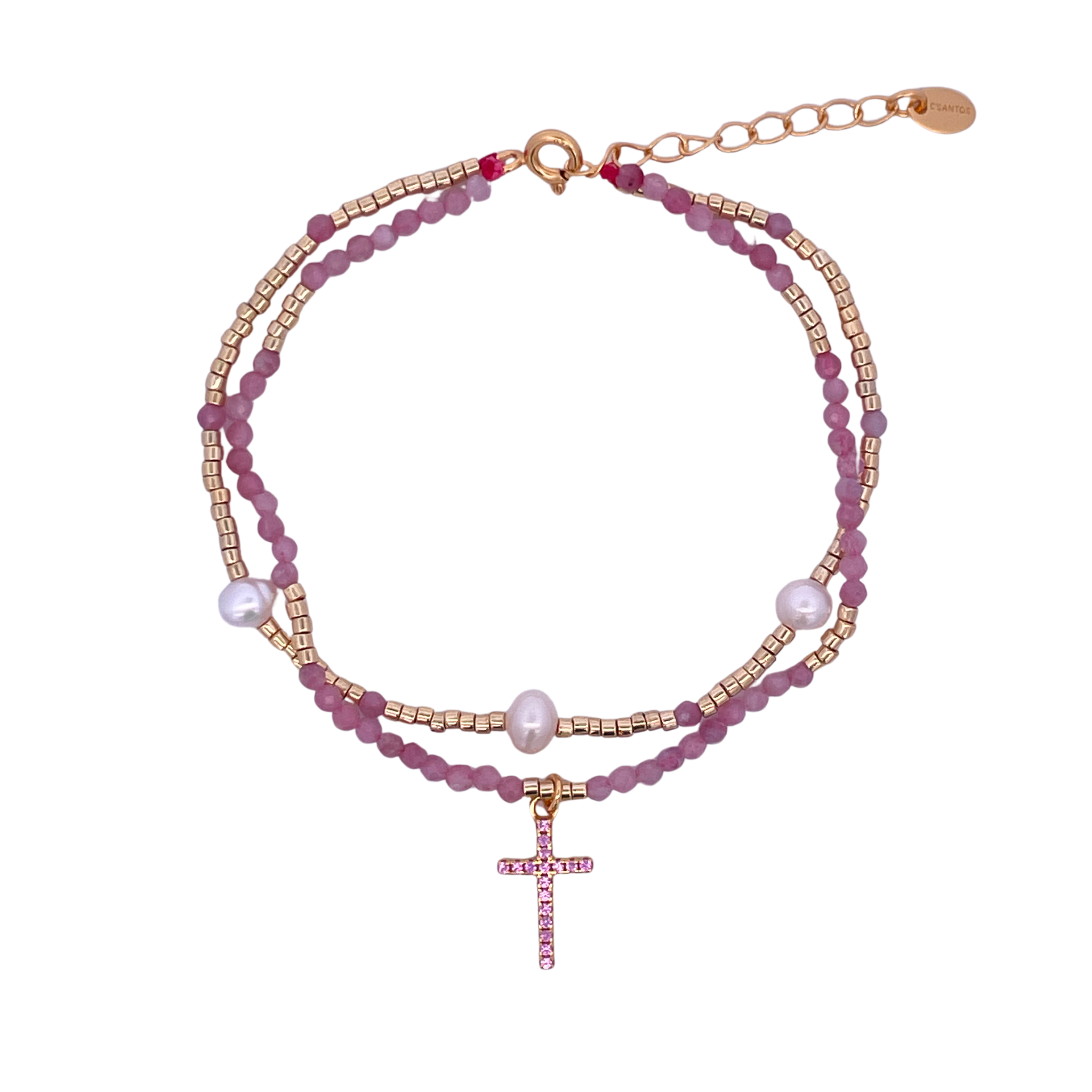 925YG DOUBLE LINE AND CROSS BRACELET PINK TOURMALINE