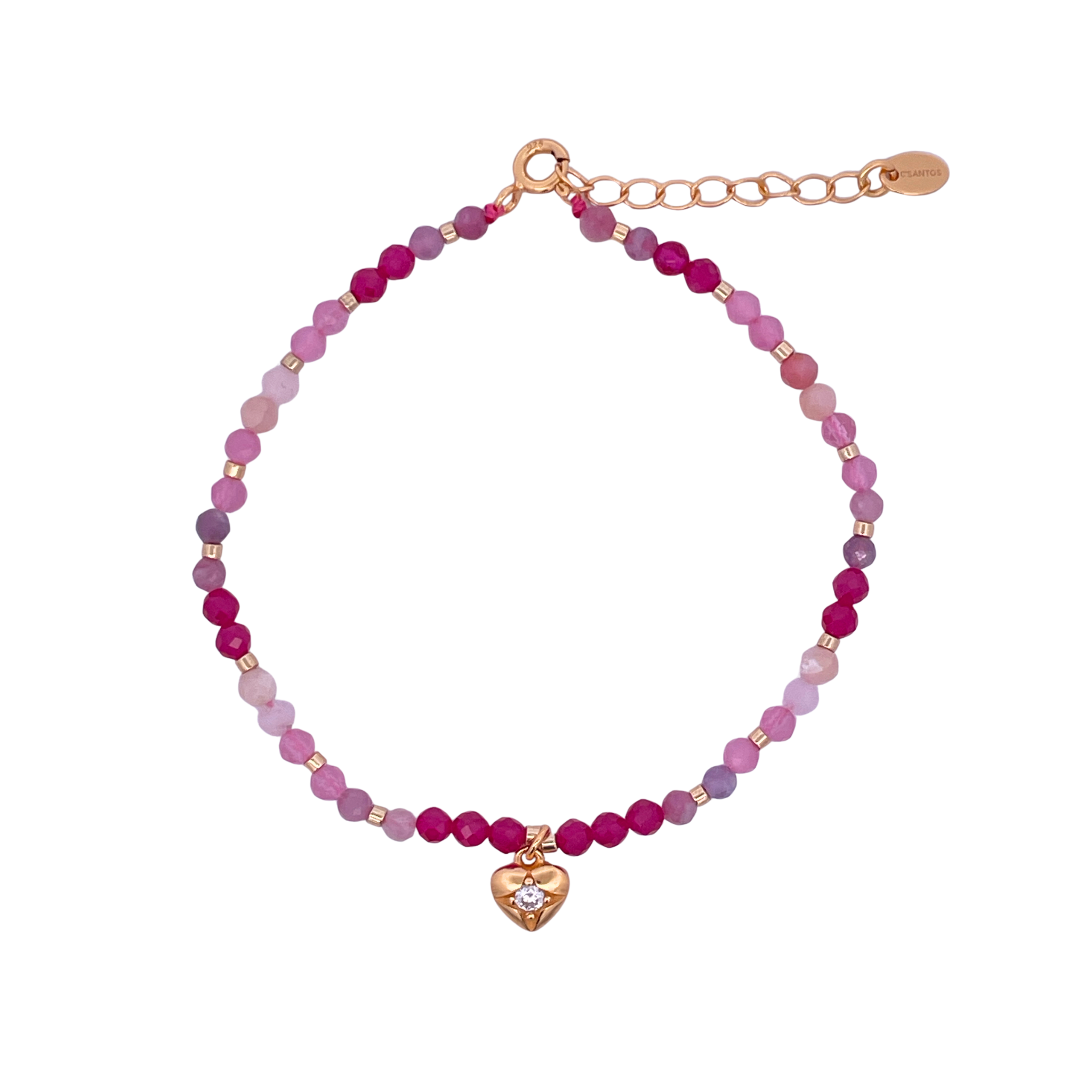 925YG BEANDS WITH SOLITARY HEART BRACELET PINK CATS EYE OP TOU PINK RUBY