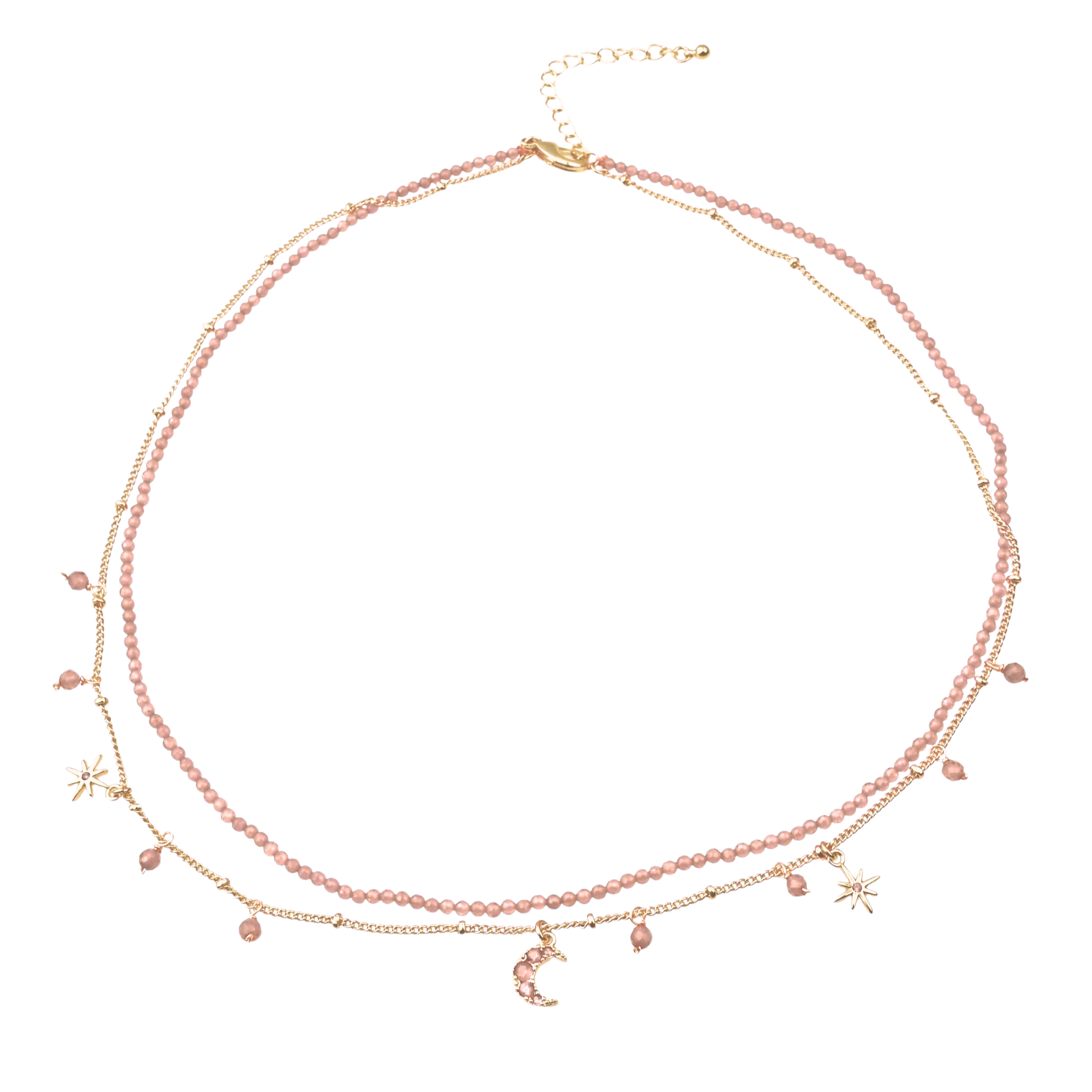 925YG DOUBLE LINE WITH CENTER MOON AND MULTI CHARM NECKLACE ROSE QUARTZ