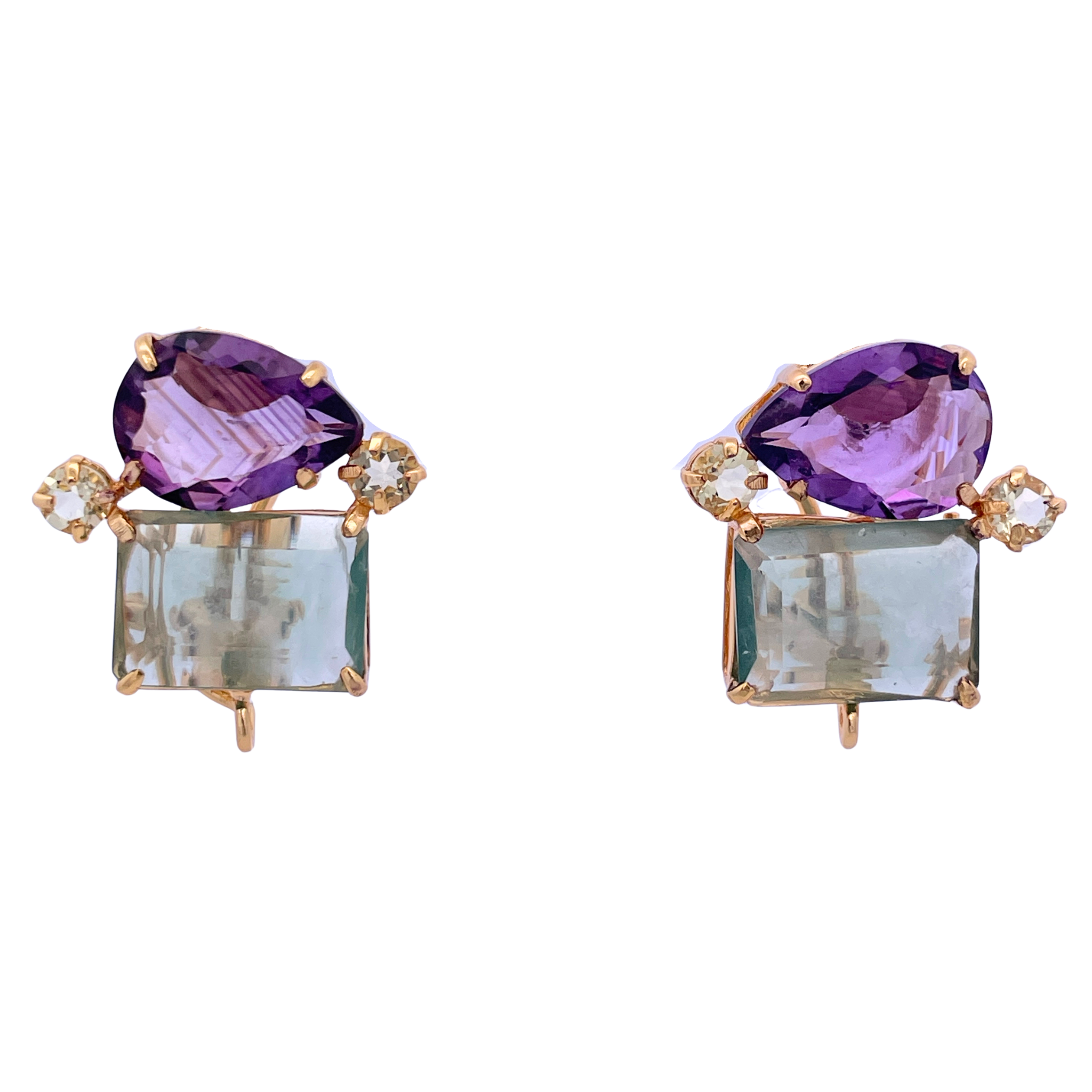 EARRINGS CLUSTER WITH PEAR AMETHYST EMERALD CUT FLUORITE AND WHITE TOPAZ ON THE SIDES