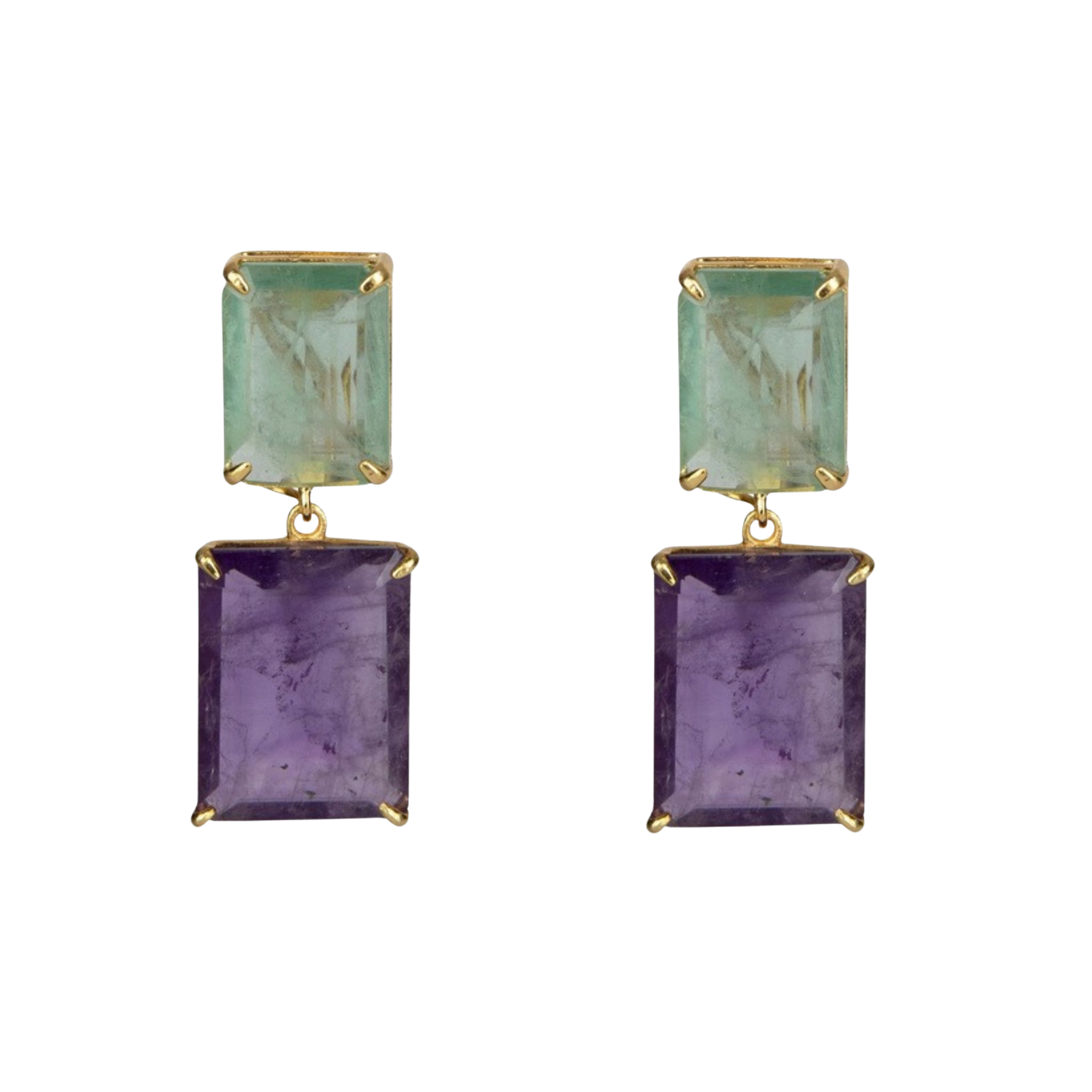 EARRINGS OCTAGON CUT 18X13 FLUORITE WITH 23X17 AFRICAN AMETHYST DROP