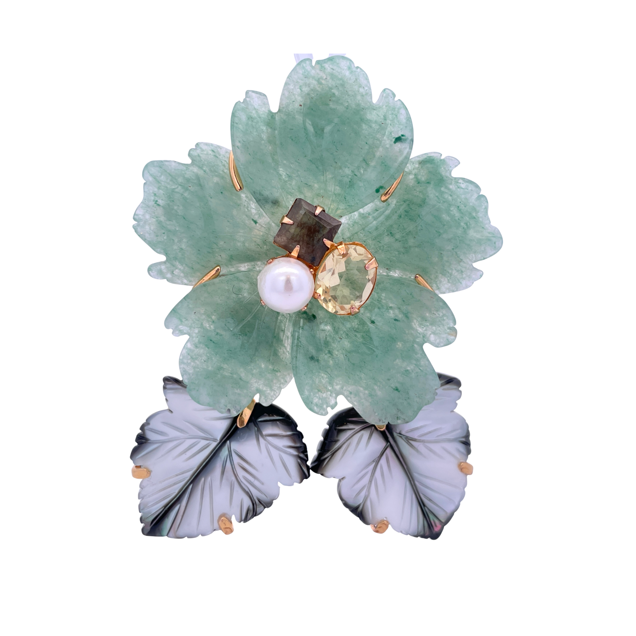 PIN BROOCH SET WITH 55MM GREEN AVENTURINE FLOWER 2 BLACK MOTHER OF PEARLS LEAVES WITH PEARL CITRINE