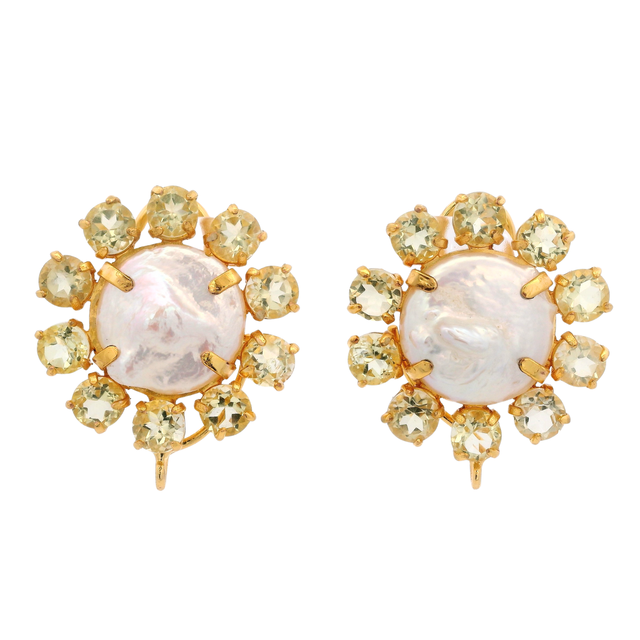 EARRINGS FLOWER SHAPE 15 MM ROUND PEARL SURROUNDED WITH FACETED ROUND LEMON QUARTZ