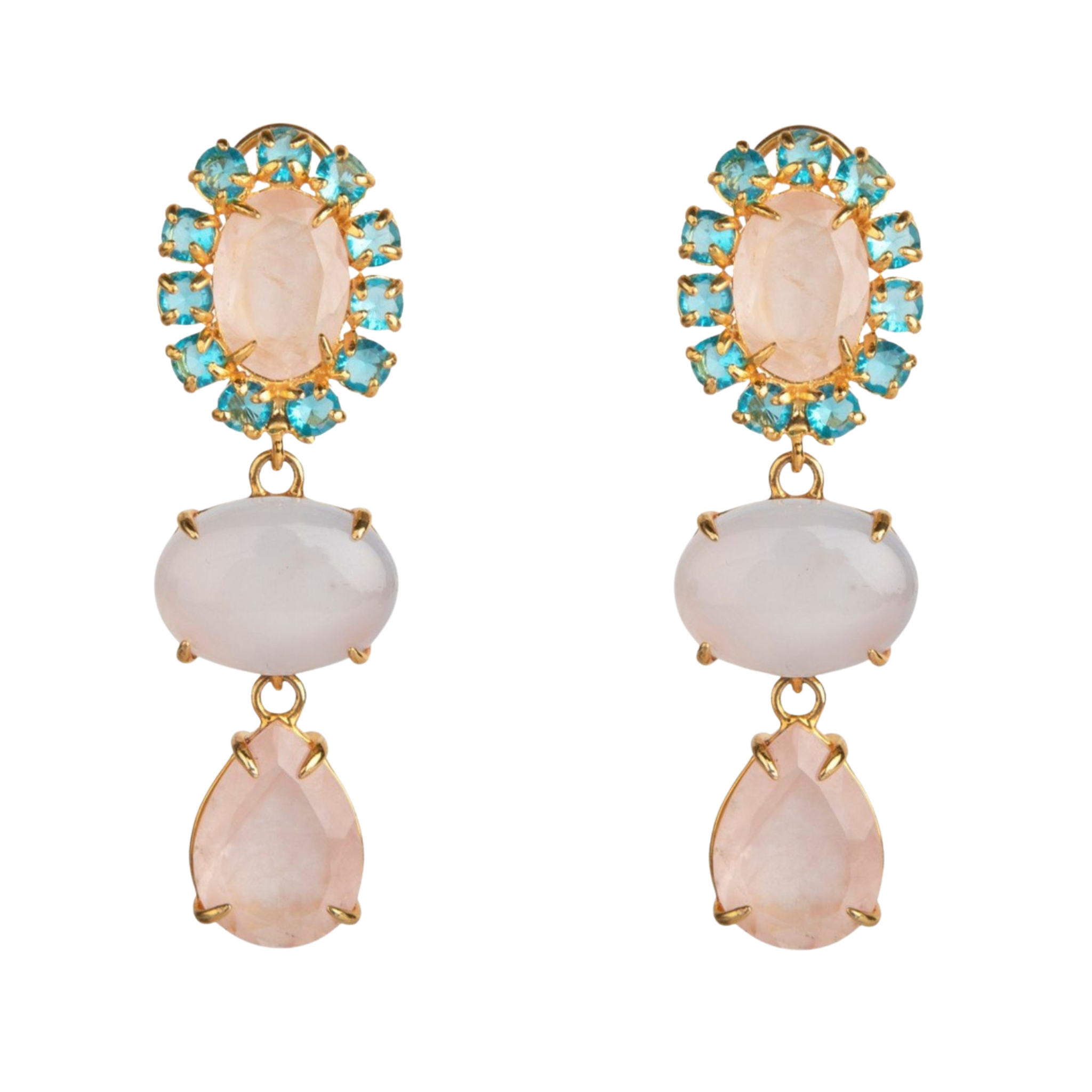 EARRINGS GOLD PLATED BRASS SET WITH ROSE QUARTZ AND BLUE QUARTZ