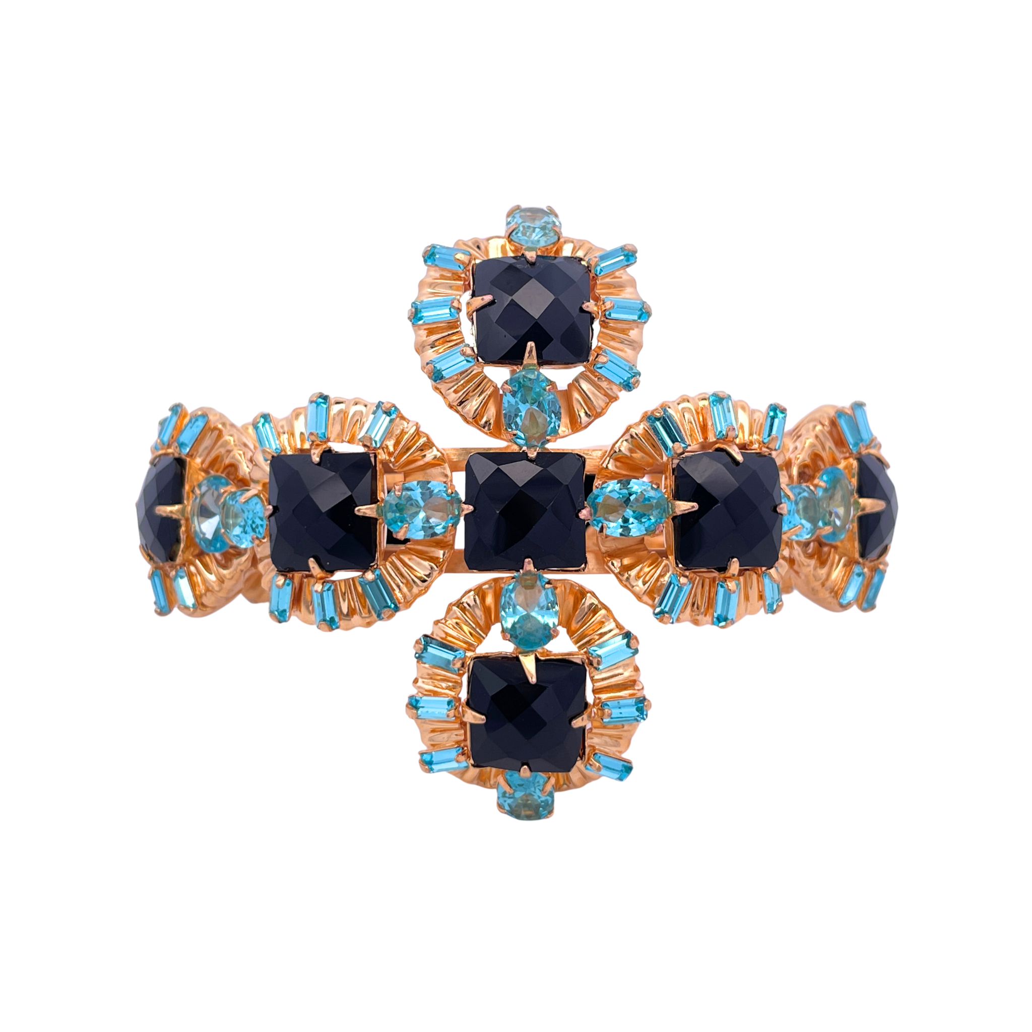 CUFF MALTESE CROSS WITH OVAL METAL SHAPES SET WITH BLAK ONYX AND BLUE QUARTZ