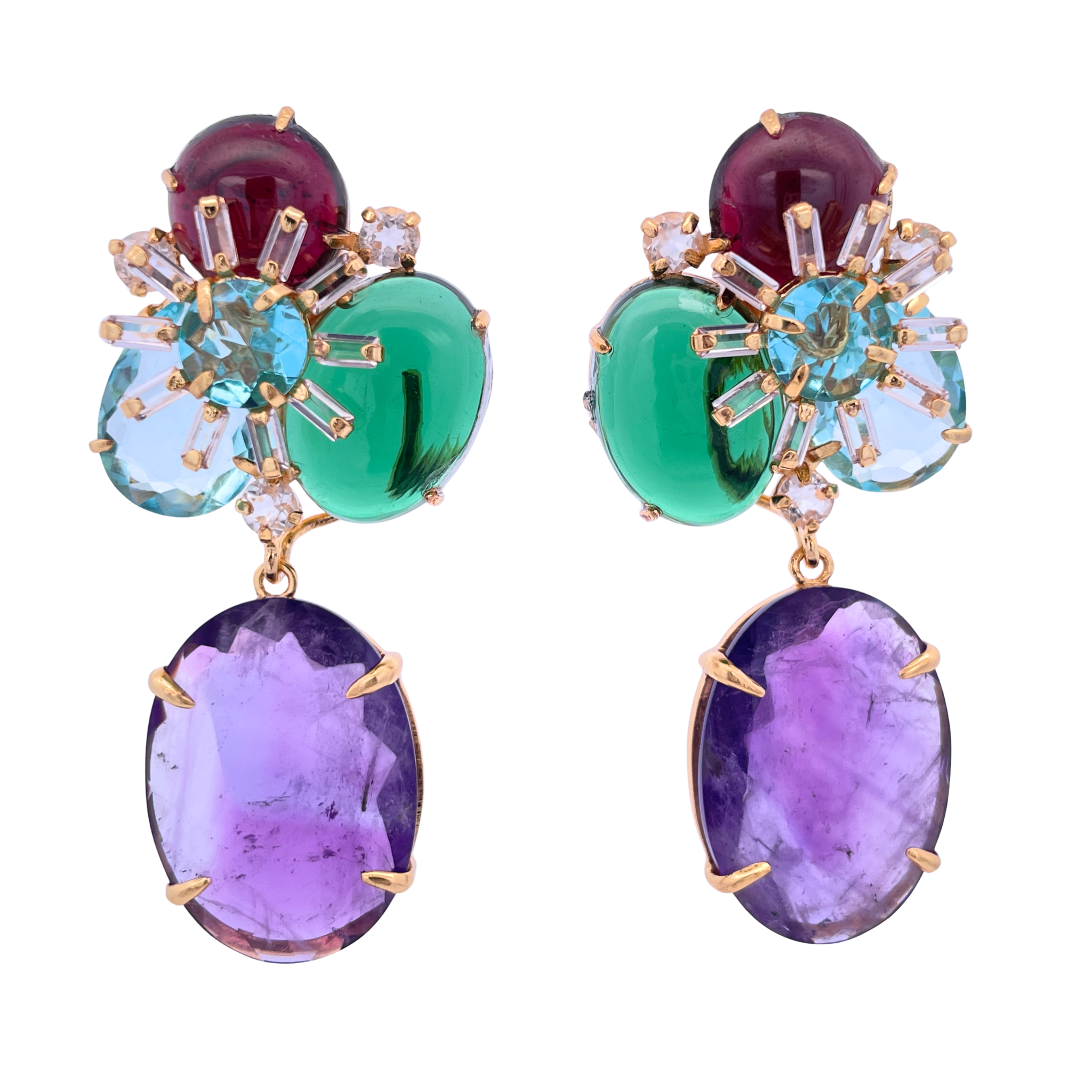 EARRINGS CLUSTER OF GARNET BLUE TOPAZ CITRINE AND GREEN QUARTZ CABOCHON WITH 30X20 PEAR SHAPE FACTED