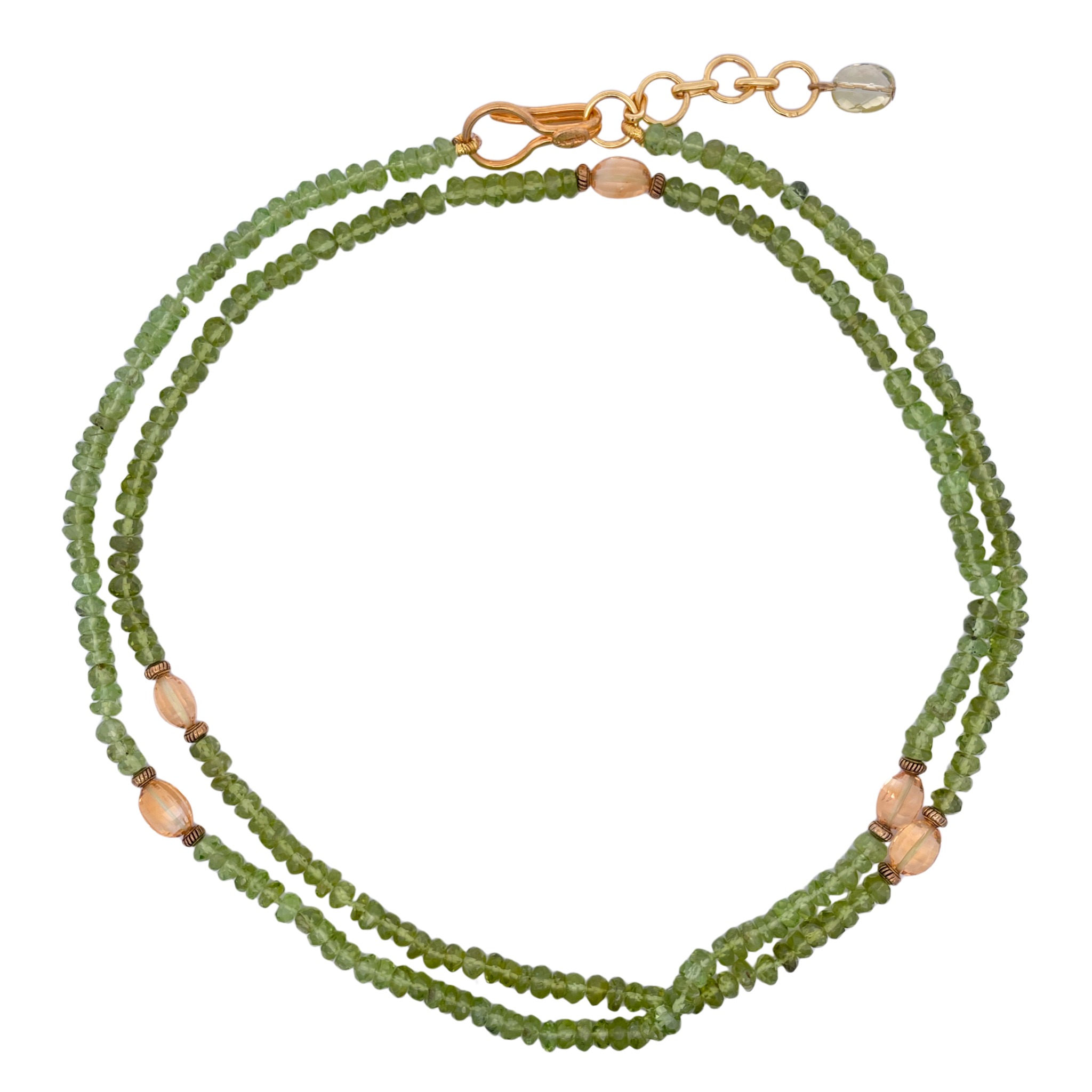 SAUTOIR NECKLACE 32INCH SET WITH 6MM FACTED PERIDOT RONDELLES AND OVAL FACTED CITRINES