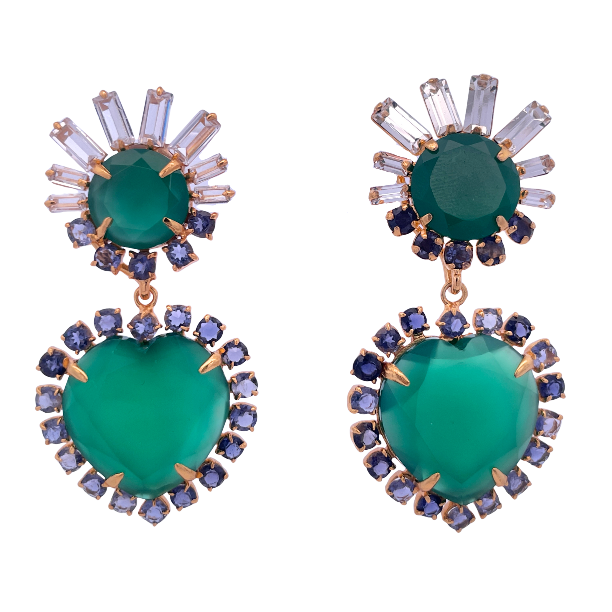 EARRINGS GREEN ONYX CZ BAGUETTES AND GREEN ONYX HEART SHAPE SURROUNDED WITH 3MM ILOLITES