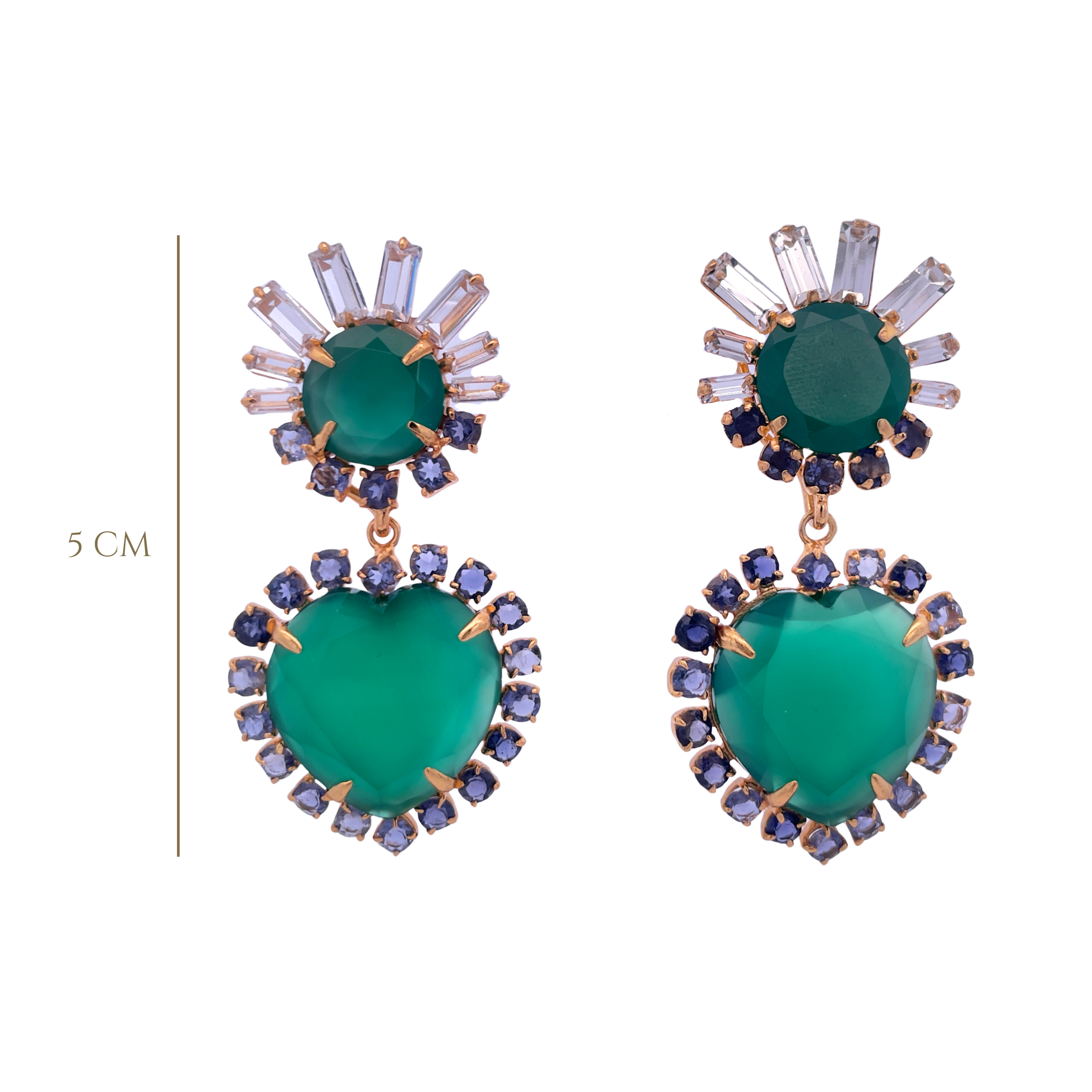 EARRINGS GREEN ONYX CZ BAGUETTES AND GREEN ONYX HEART SHAPE SURROUNDED WITH 3MM ILOLITES