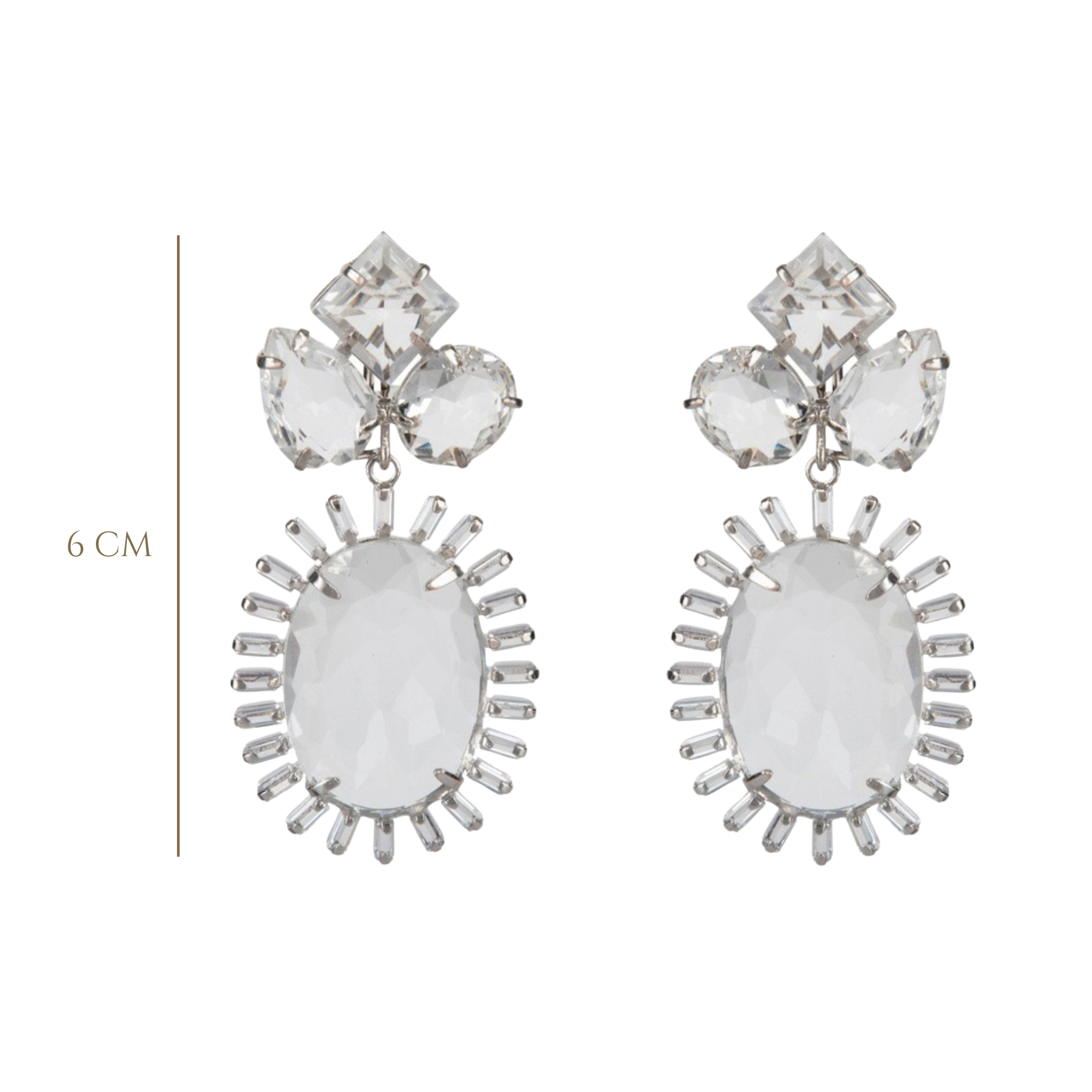 EARRINGS RHODIUM PLATED CLUSTER TOP ROUND OVAL PEAR SHAPE WITH 26X19 OVAL SURROUNDED WITH CZ ALL CLE