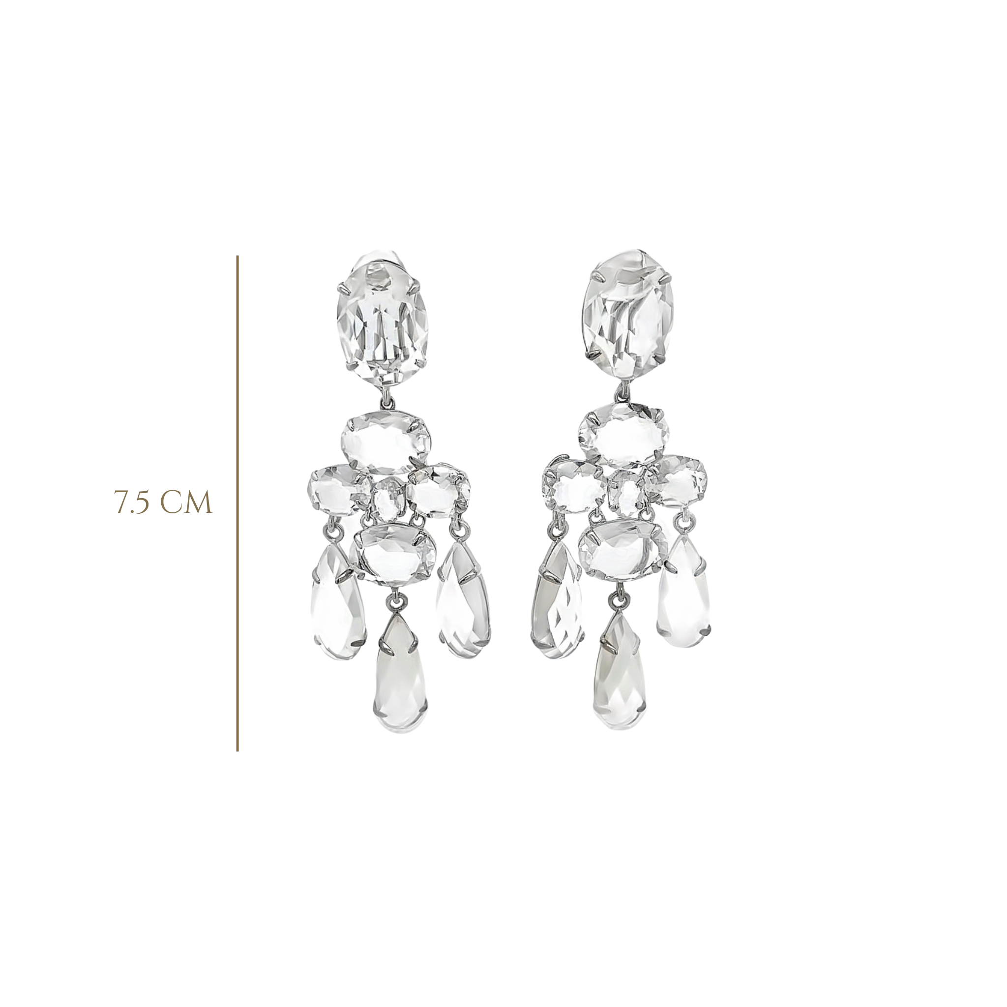 EARRINGS OVAL TOP WITH CLUSTER OF OVALS AND THREE DROPS X ALL CLEAR QUARTZ