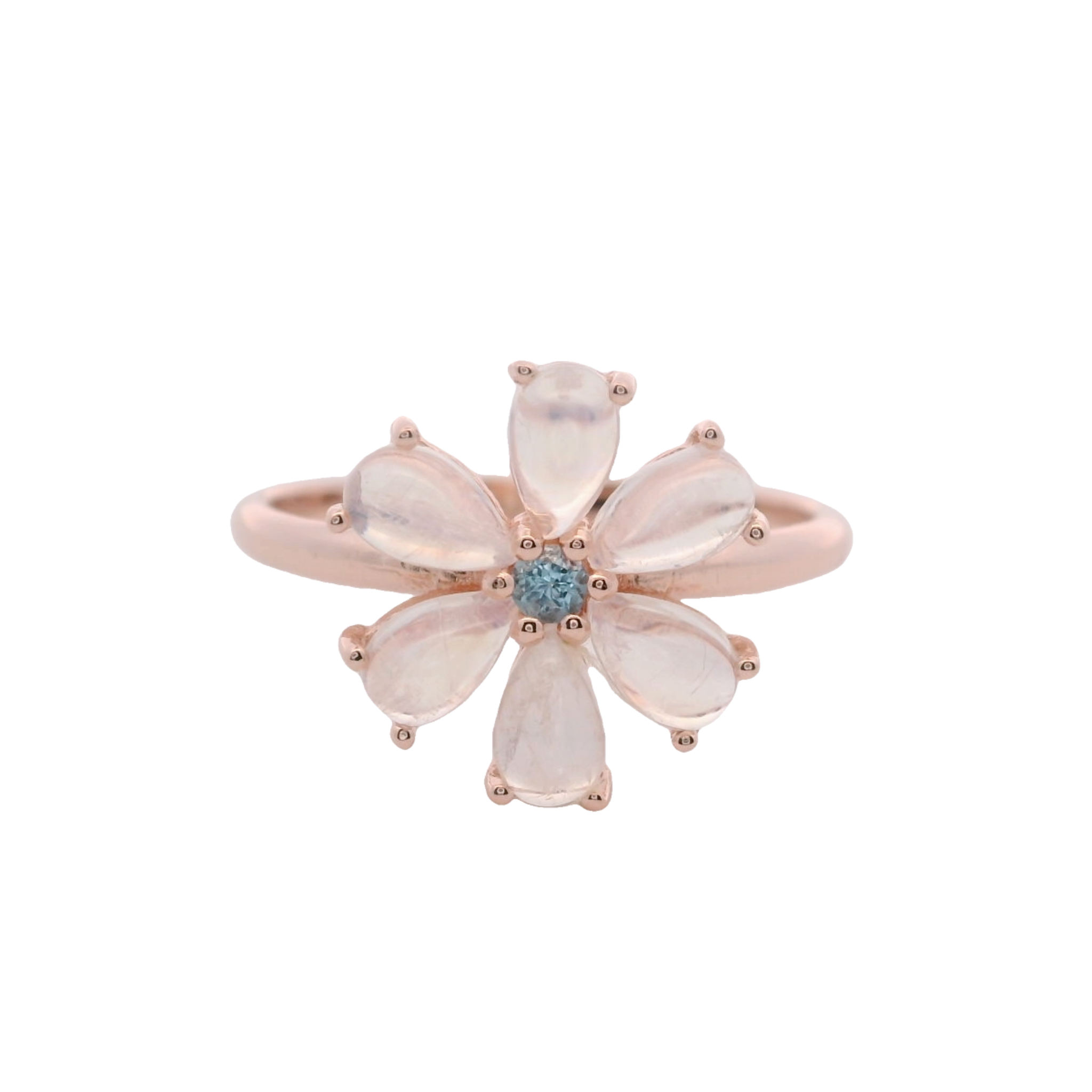 925RG FLOWER 12MM MOOSTONE CENTER TOPAZ BLUE RING T6.5