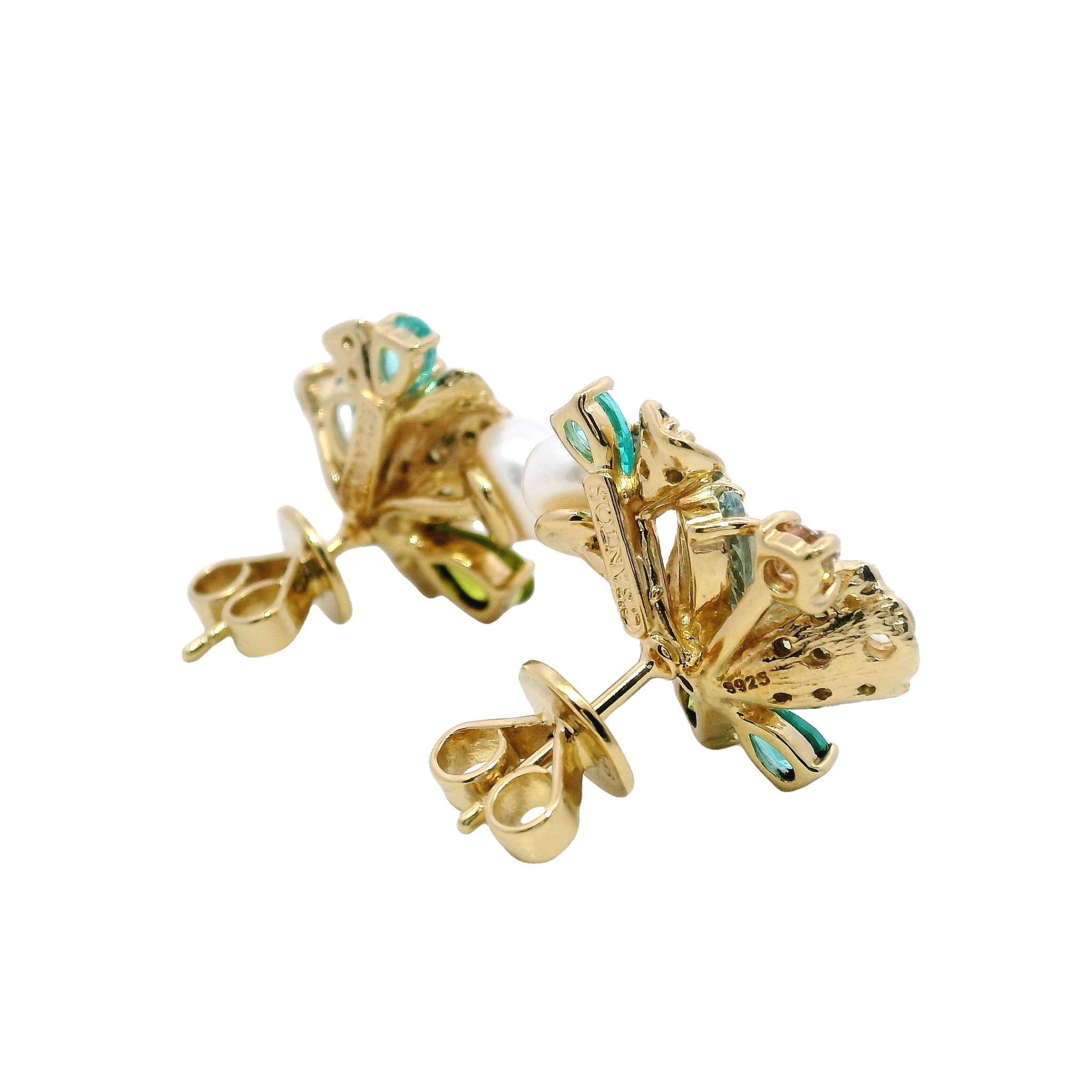 925YG FLOWER GREEN AND PEARL EARRINGS
