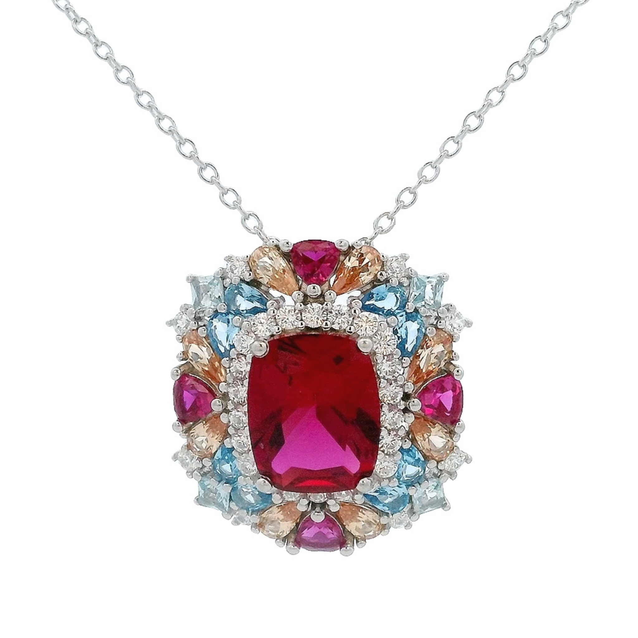 925SS SQUARE RED WITH CLUSTER MULTICOLOR CZ NECKLACE