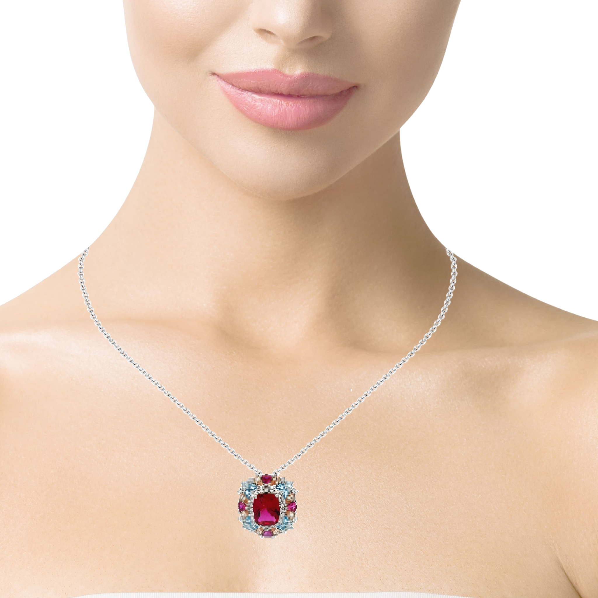 925SS SQUARE RED WITH CLUSTER MULTICOLOR CZ NECKLACE