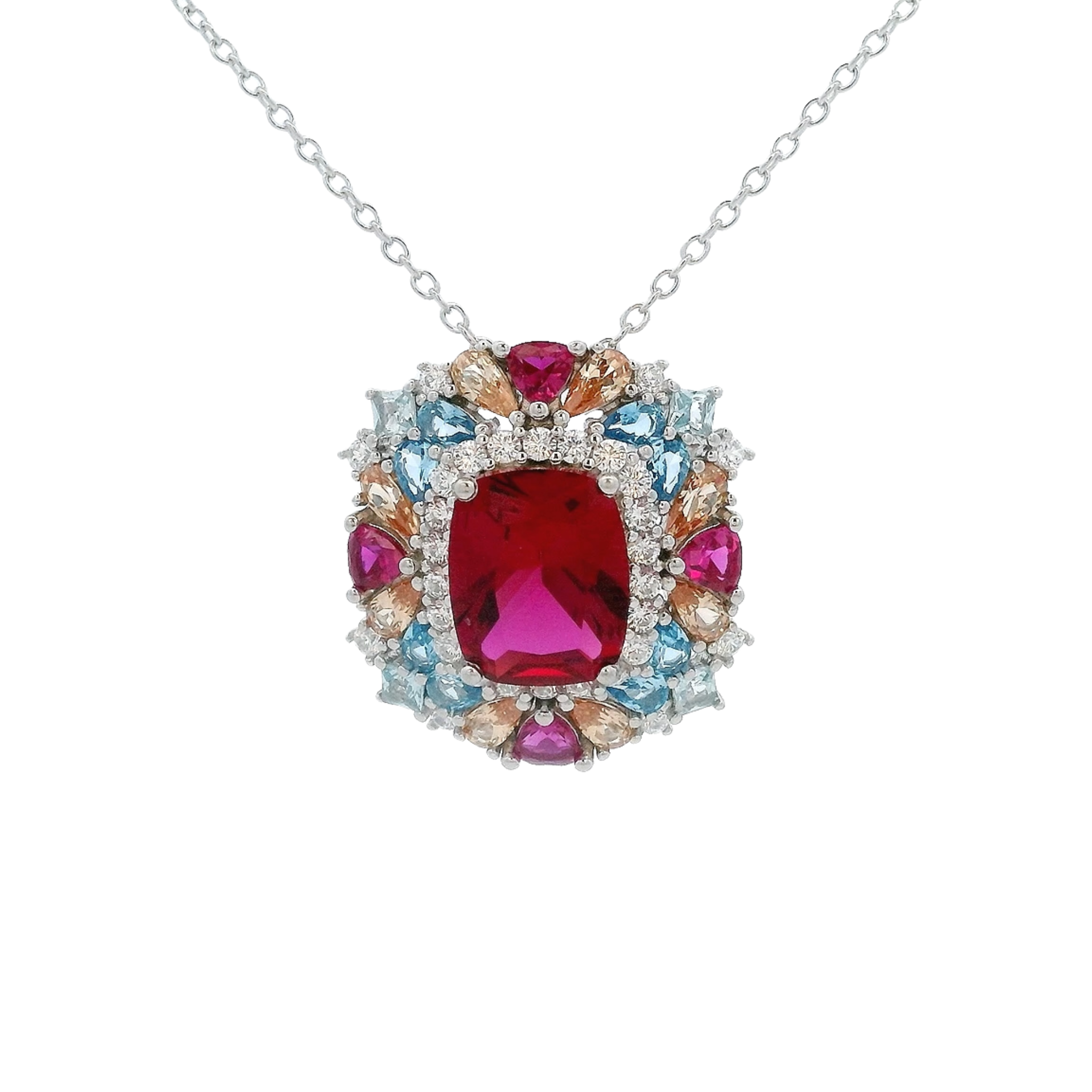 925SS SQUARE RED WITH CLUSTER MULTICOLOR CZ NECKLACE