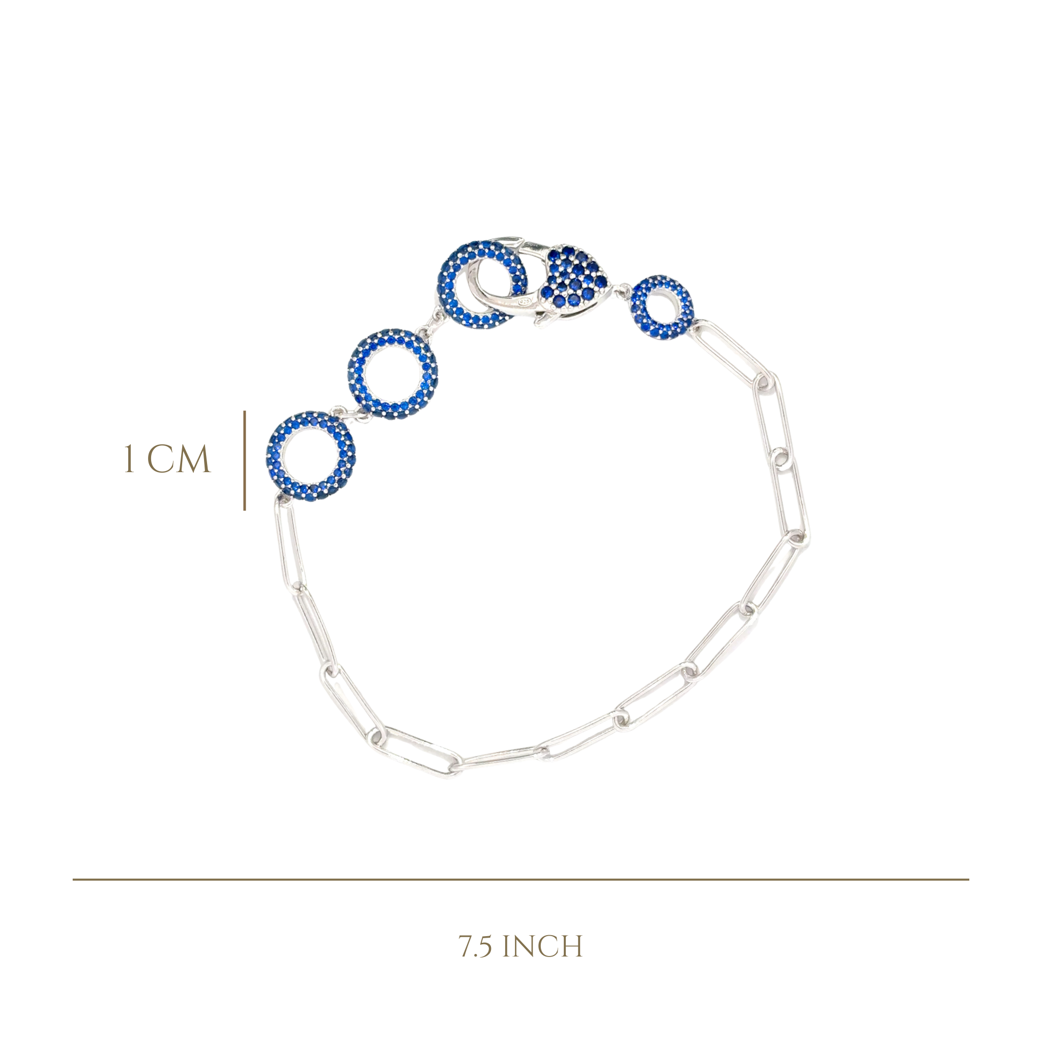 925SL TRIPLE CIRCLE CZ BLUE PAPERCLIP BRACELET