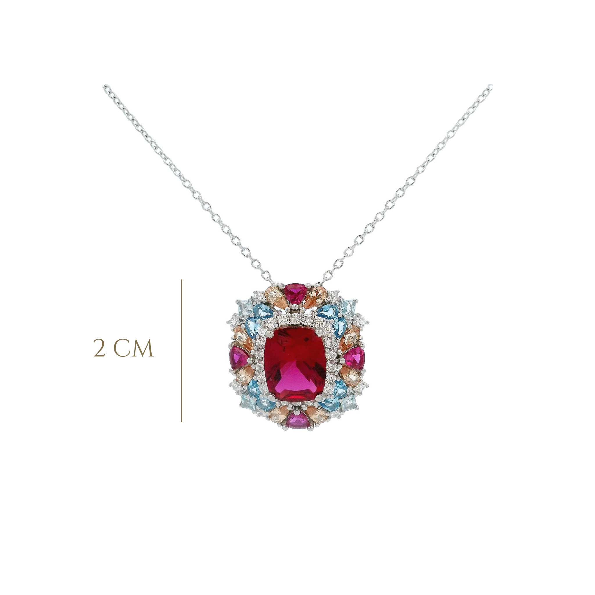 925SS SQUARE RED WITH CLUSTER MULTICOLOR CZ NECKLACE