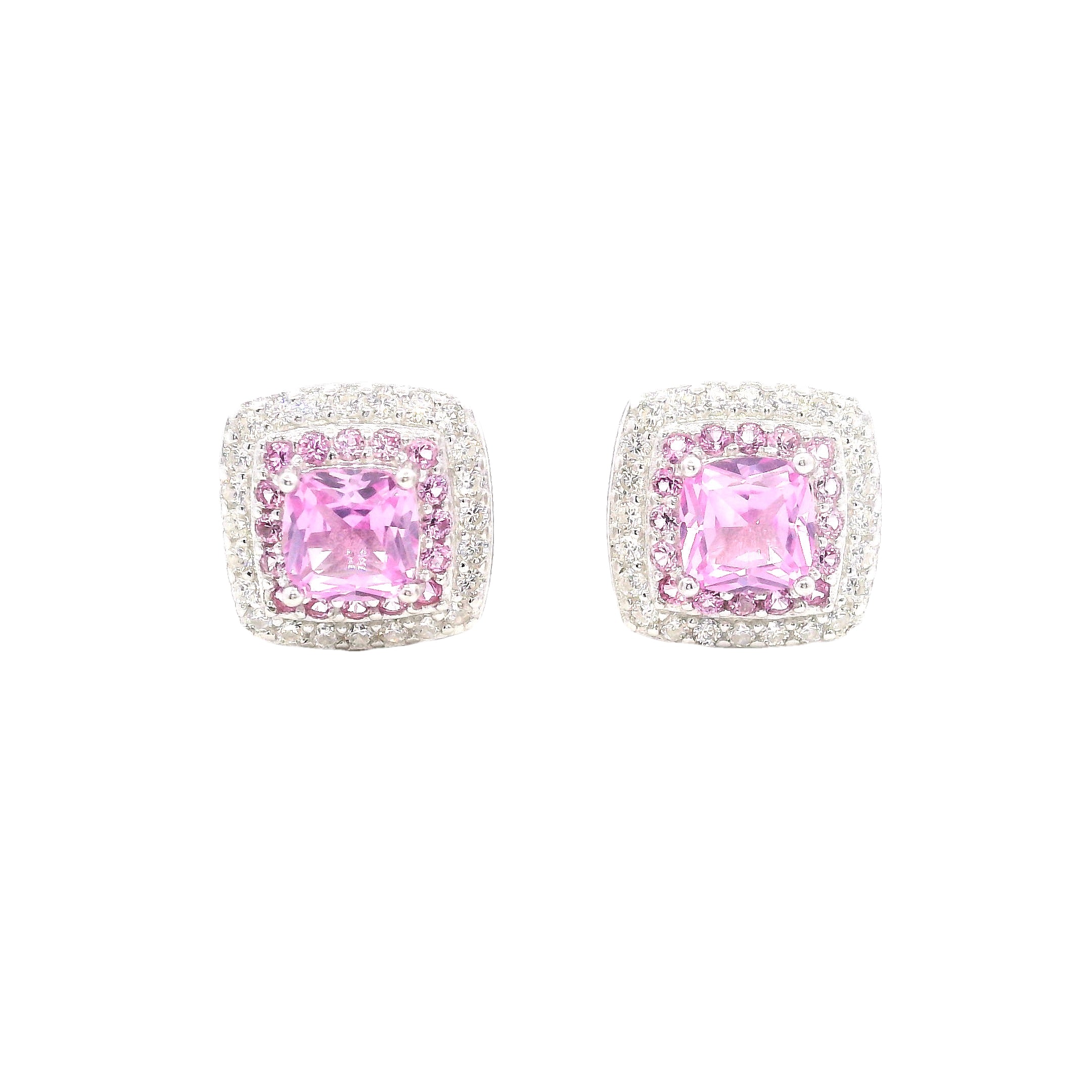 925SS SQUARE HALO CZ PINK STUD EARRINGS