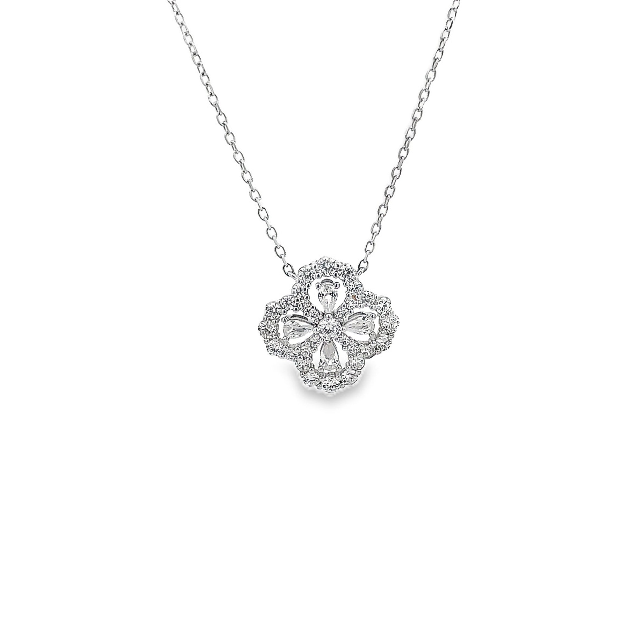 925SL CLOVER OUTLINE PAVE FLOWER NECKLACE