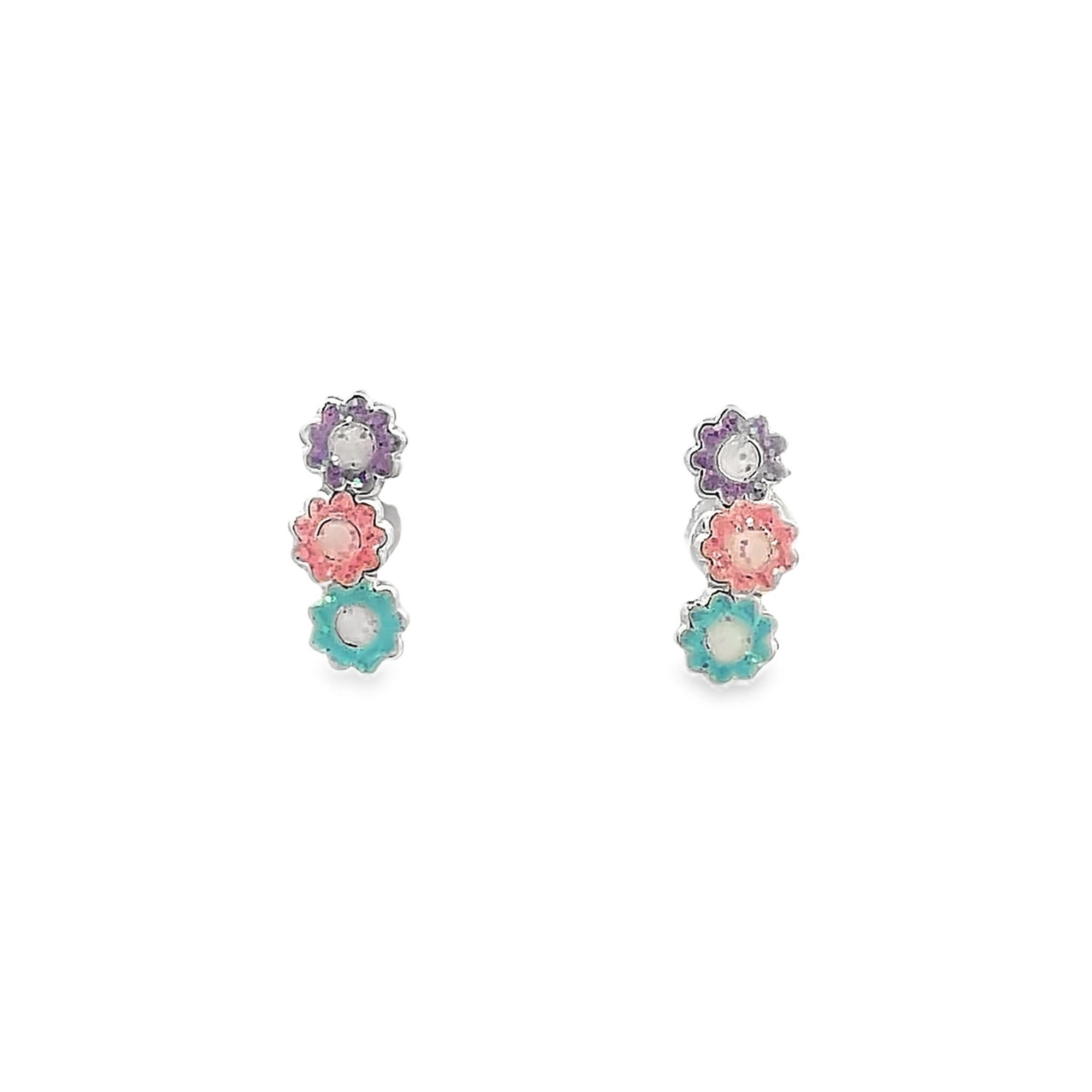 925SL TRIPLE DAISY FLOWER ENAMEL STUD EARRINGS