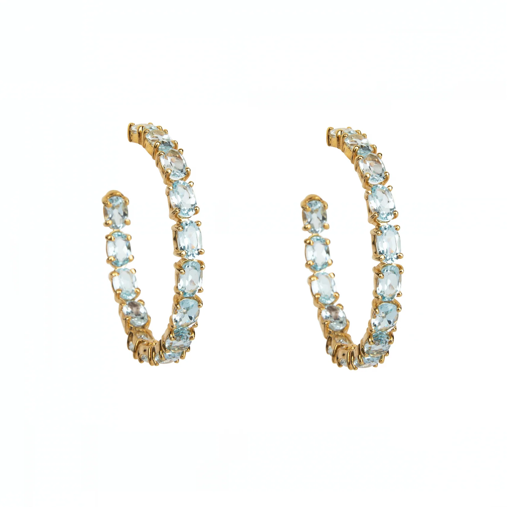 HOOP EARRINGS SET WITH 6X4 OVAL BLUE TOPAZ GOLD PLATED