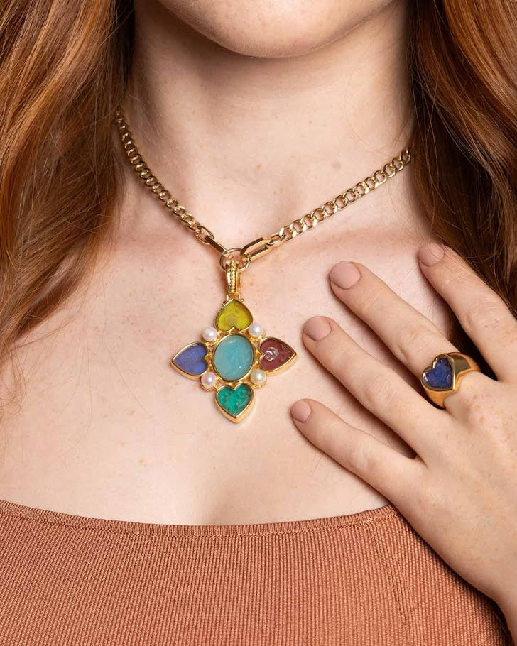 925GG MULTICOLOR FLOWER HEART WOMAN PROFILE CENTER SKY BLUE PENDANT