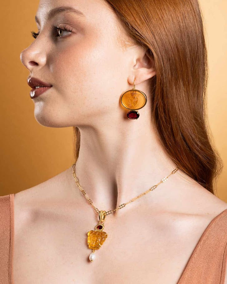 925GG OVAL MEDUSA VENETIAN GLASS YELLOW AND GARNET EARRINGS