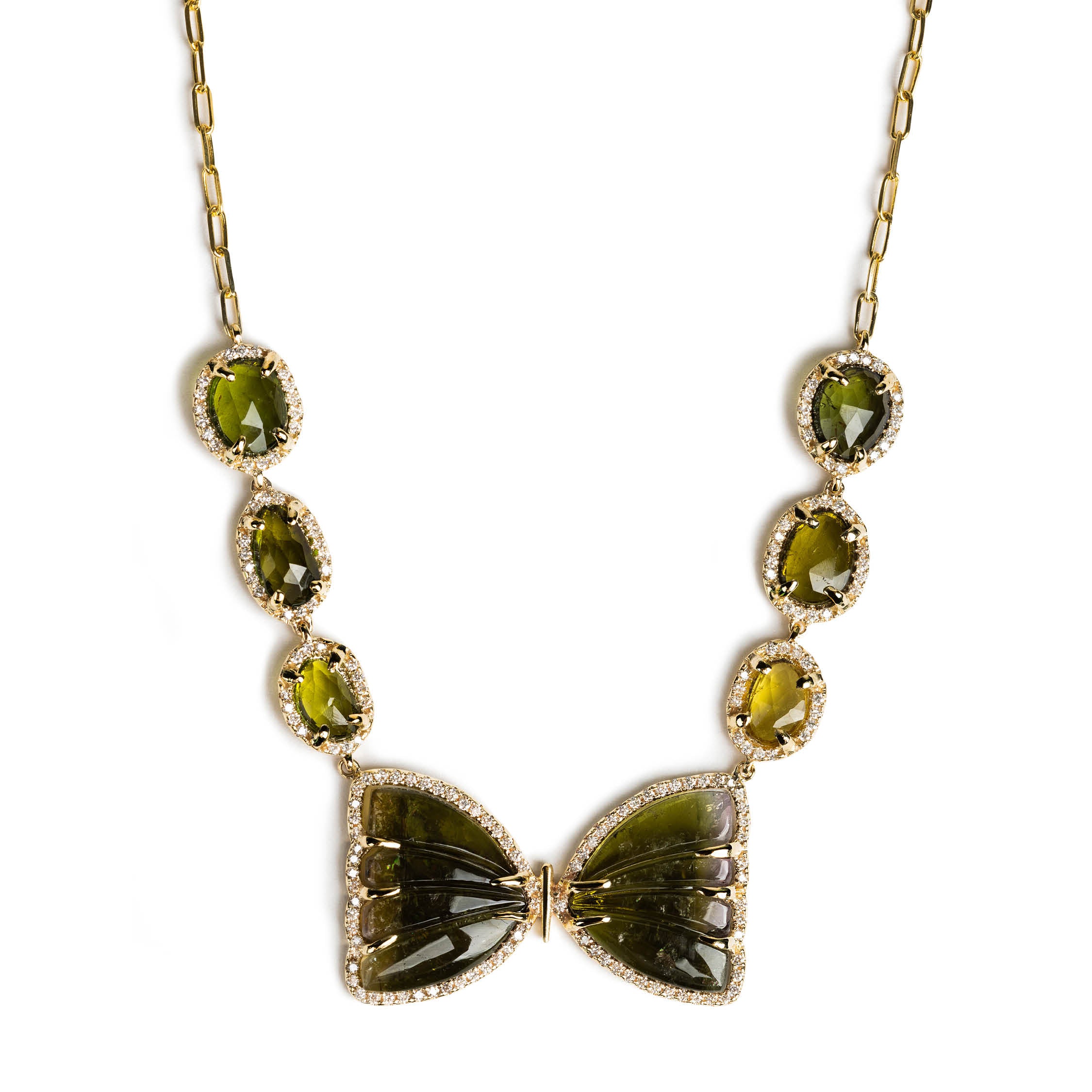 D0.92 CT COLLAR ORO AMARILLO 14KT CON ALAS TURMALINDAS VERDES Y TURMALINAS POLKI