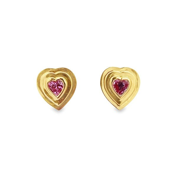 14K GOLD BEZEL PINK SAPPHIRE HEART STUD EARRING