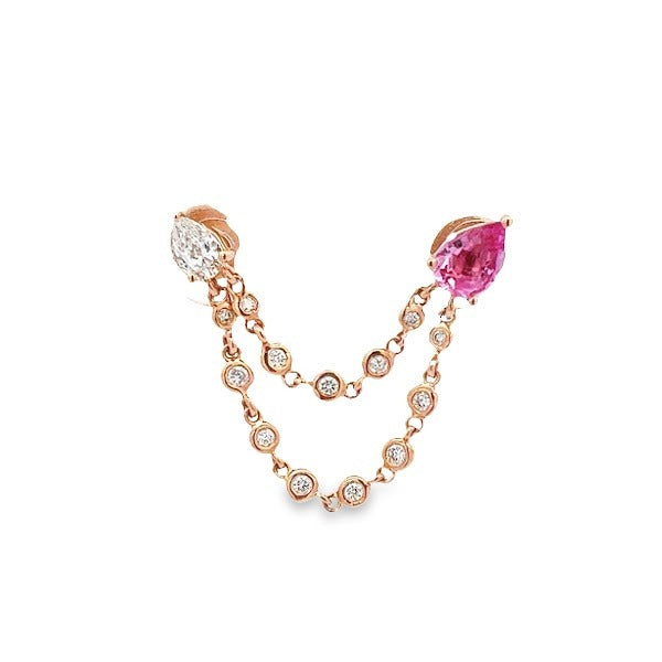 D0.27 14KR PEAR PINK SAPPHIRE AND DIAMOND CHAIN EARRING