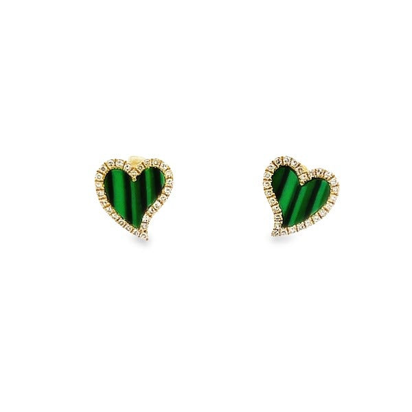 14K GOLD HEART MALACHITE DIAMOND EARRINGS