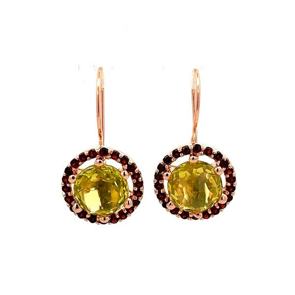 LEMON QUARTZ GARNET BUFF TOP CHECKER ROUND EARRING