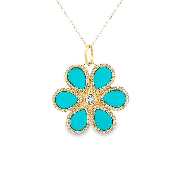 14K GOLD TURQUOISE DIAMOND FLOWER CHARM