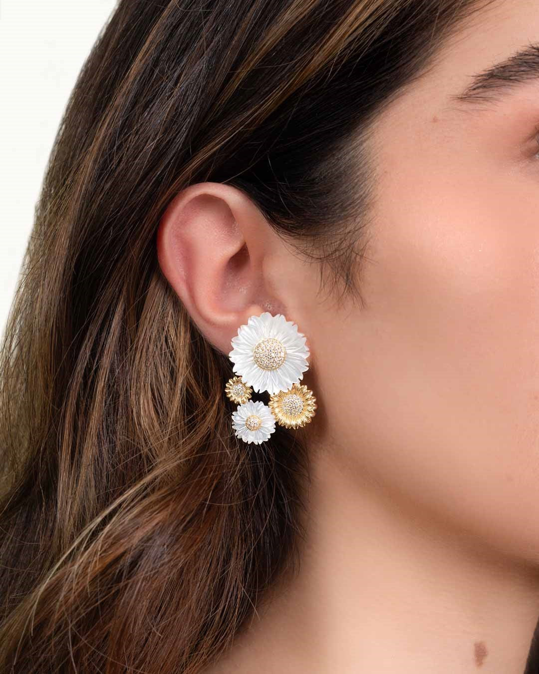 925 SILVER GOLD PLATED MOTHER OF PEARL FLOWER EARRINGS WITH CRYSTALS