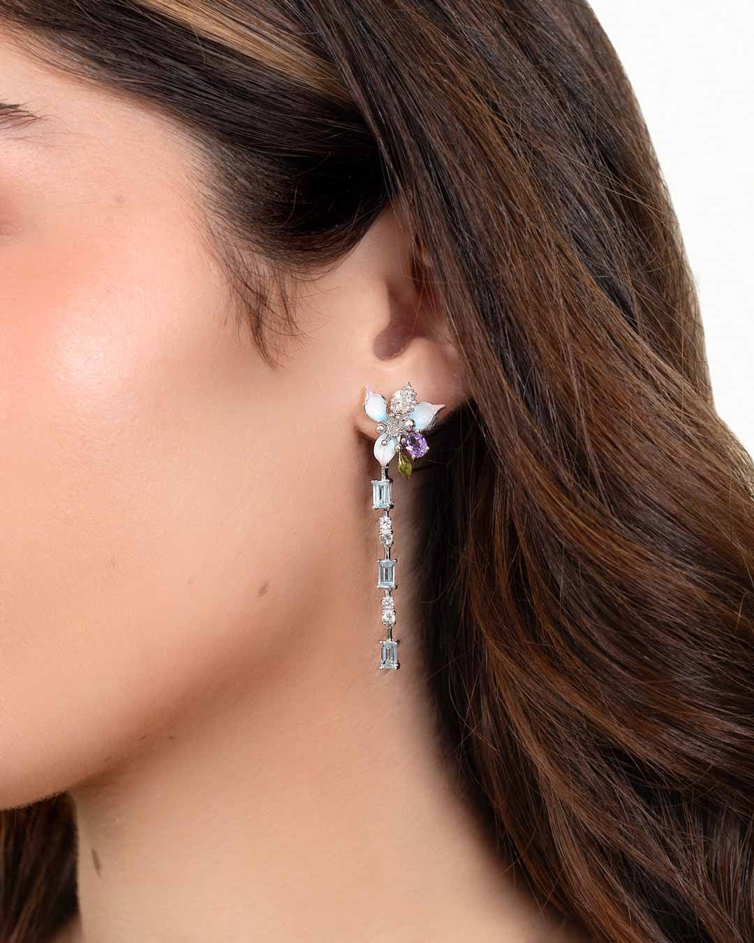 EARRING SILVER CENTER BLUE TOPAZ AMETHYST WHITE TOPAZ