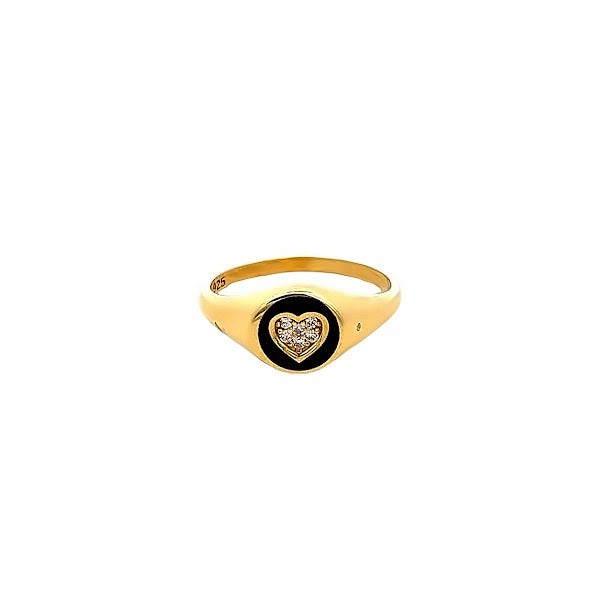 925 GOLD PLATED HEART RING WITH BLACK ENAMEL AND CRYSTALS