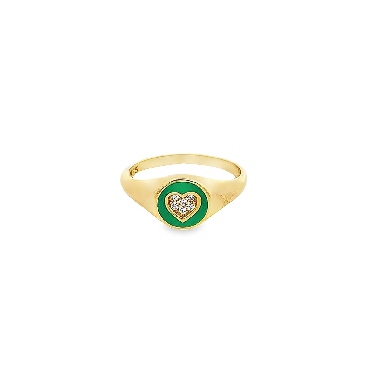 925 GOLD PLATED HEART RING WITH GREEN ENAMEL AND CRYSTALS