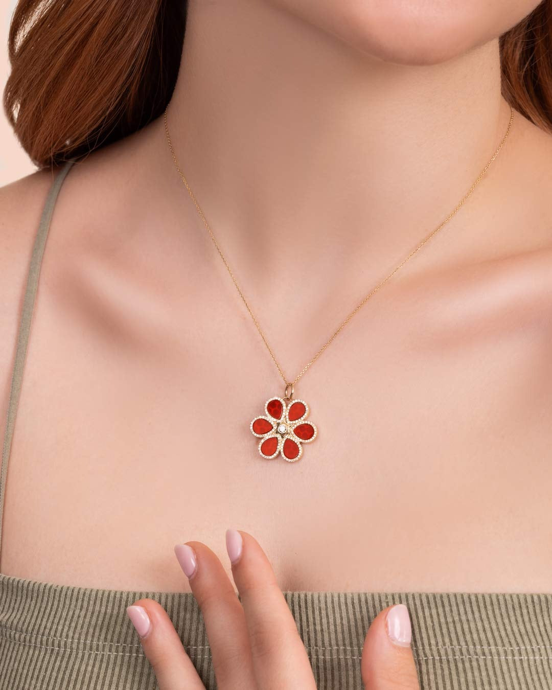 14K GOLD RED ONYX DIAMOND FLOWER CHARM